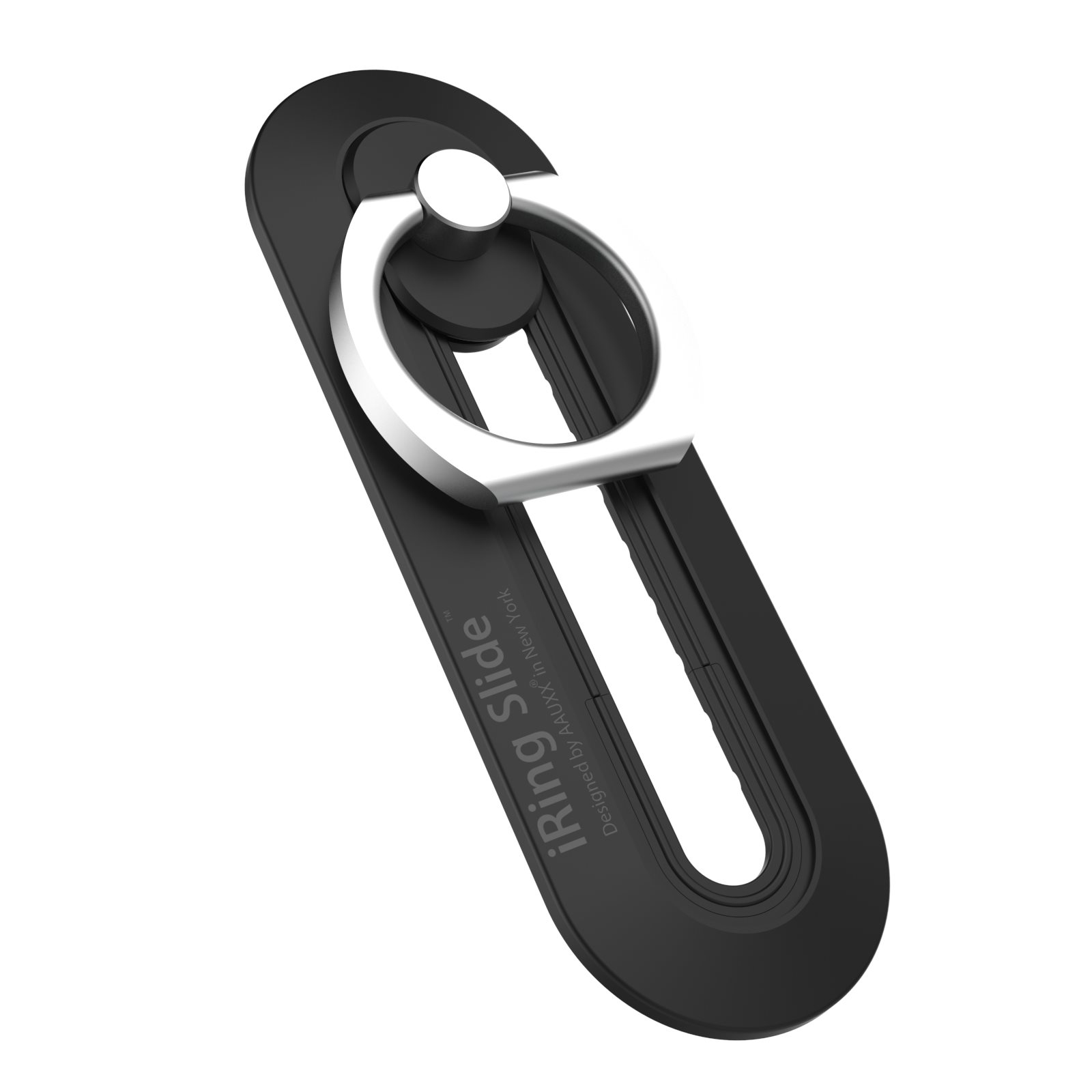 Ein schwarzer Telefonringhalter mit einem silbernen Ring. Es hat ein schlankes Design und ist auf weißem Hintergrund.