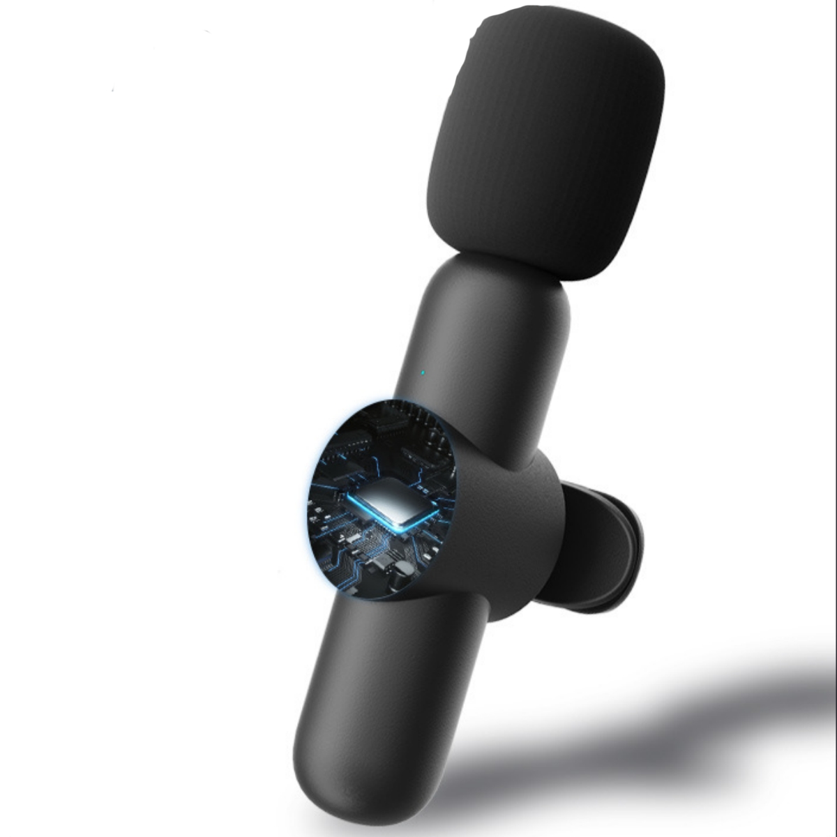 Ein schwarzes, mikrofonartiges Gerät mit kreisförmigem Design auf weißem Hintergrund, das einen inneren Schaltkreis zeigt.