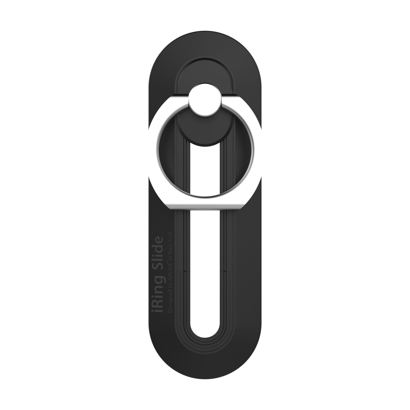 Schwarzer Telefonringhalter mit weißem Ring. Der Halter ist an einer schwarzen Oberfläche befestigt.