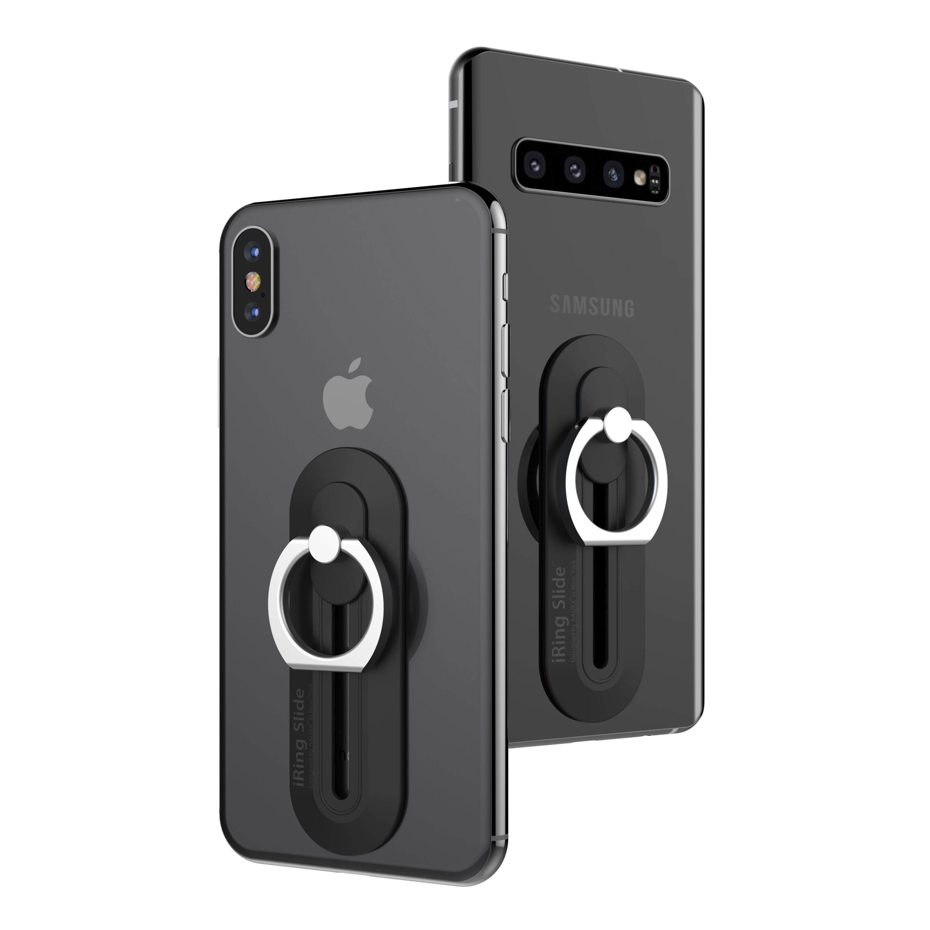 Zwei schwarze Telefone mit Ringhaltern und ein Samsung-Telefon.