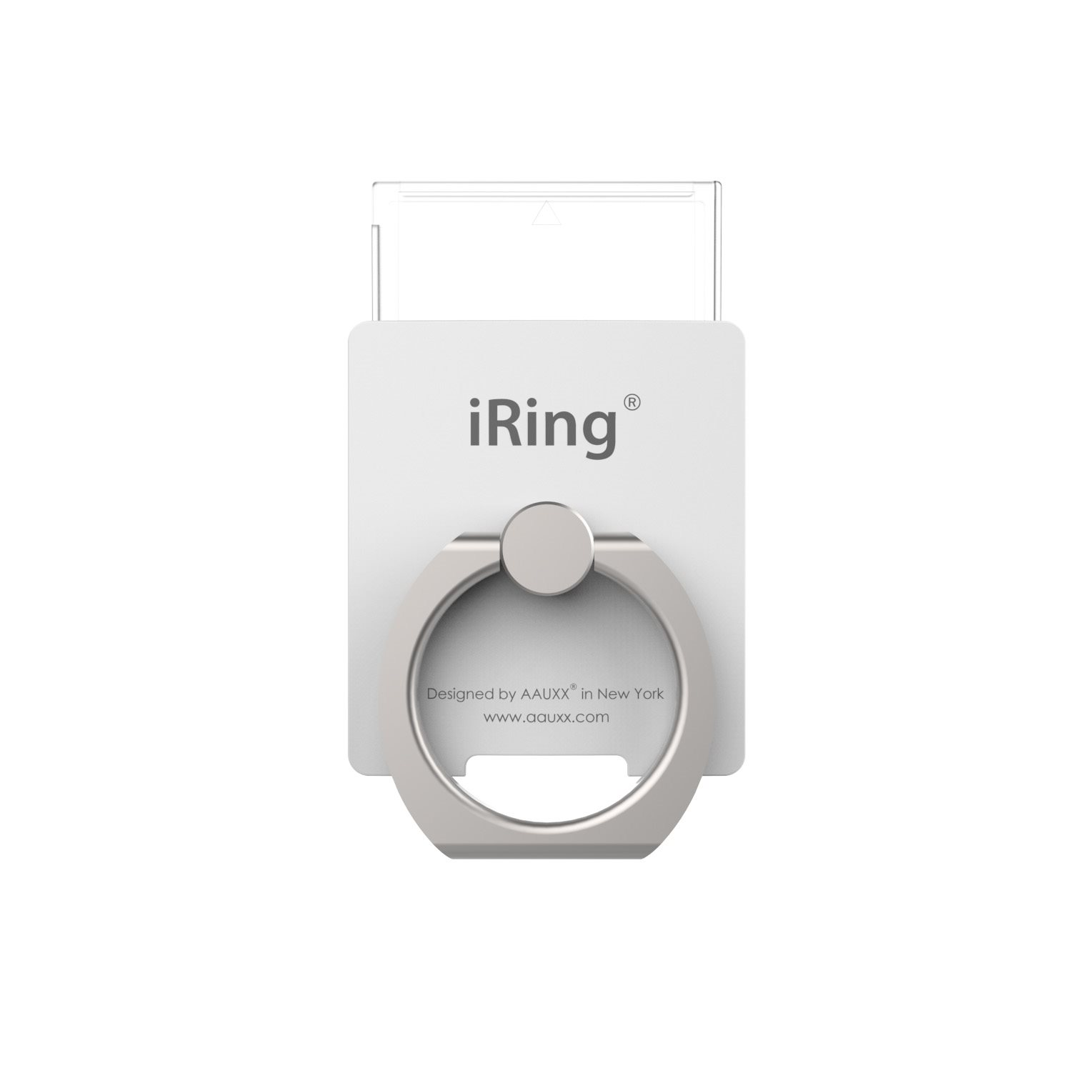 Ein weißer Telefonringhalter mit dem Wort "iRing" darauf.