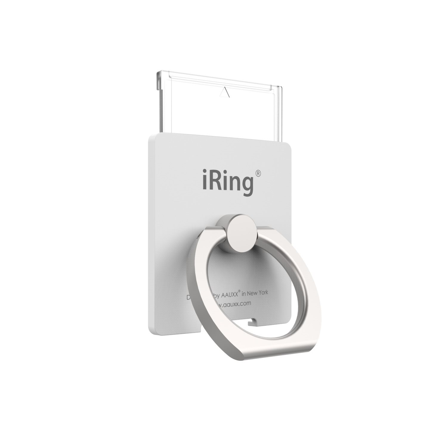 Weißer iRing-Telefonhalter mit silbernem Ring und durchsichtigem Kunststoffaufsatz.