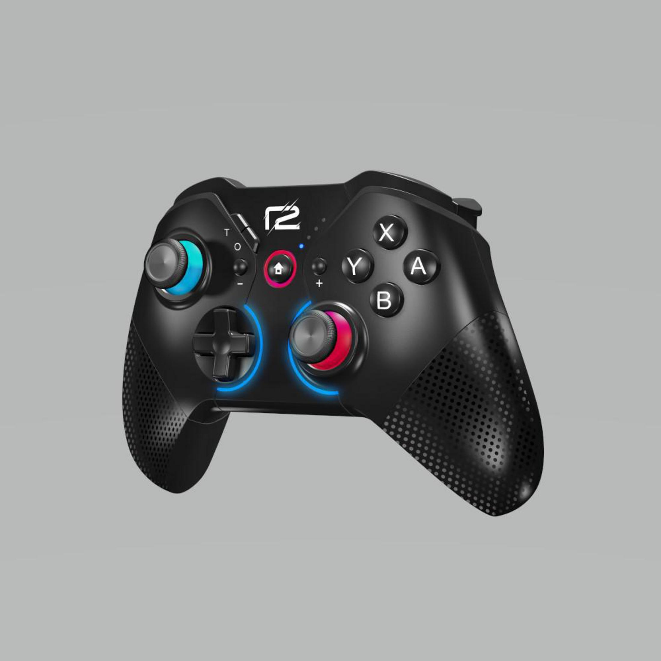 Une manette de jeu noire avec des boutons et des joysticks, isolée sur fond gris.