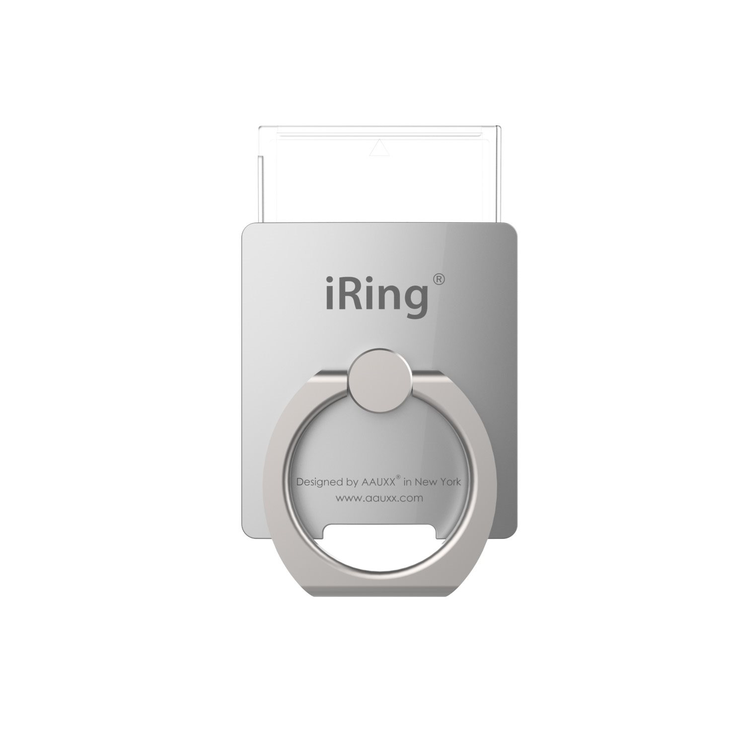 Ein silberner iRing-Telefonhalter. Er hat einen Ring zum Greifen und den Markennamen.
