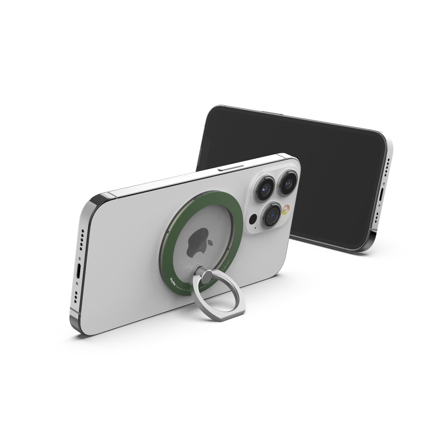 Weißes iPhone mit grünem Ringhalter und ein schwarzes iPhone, vor weißem Hintergrund.