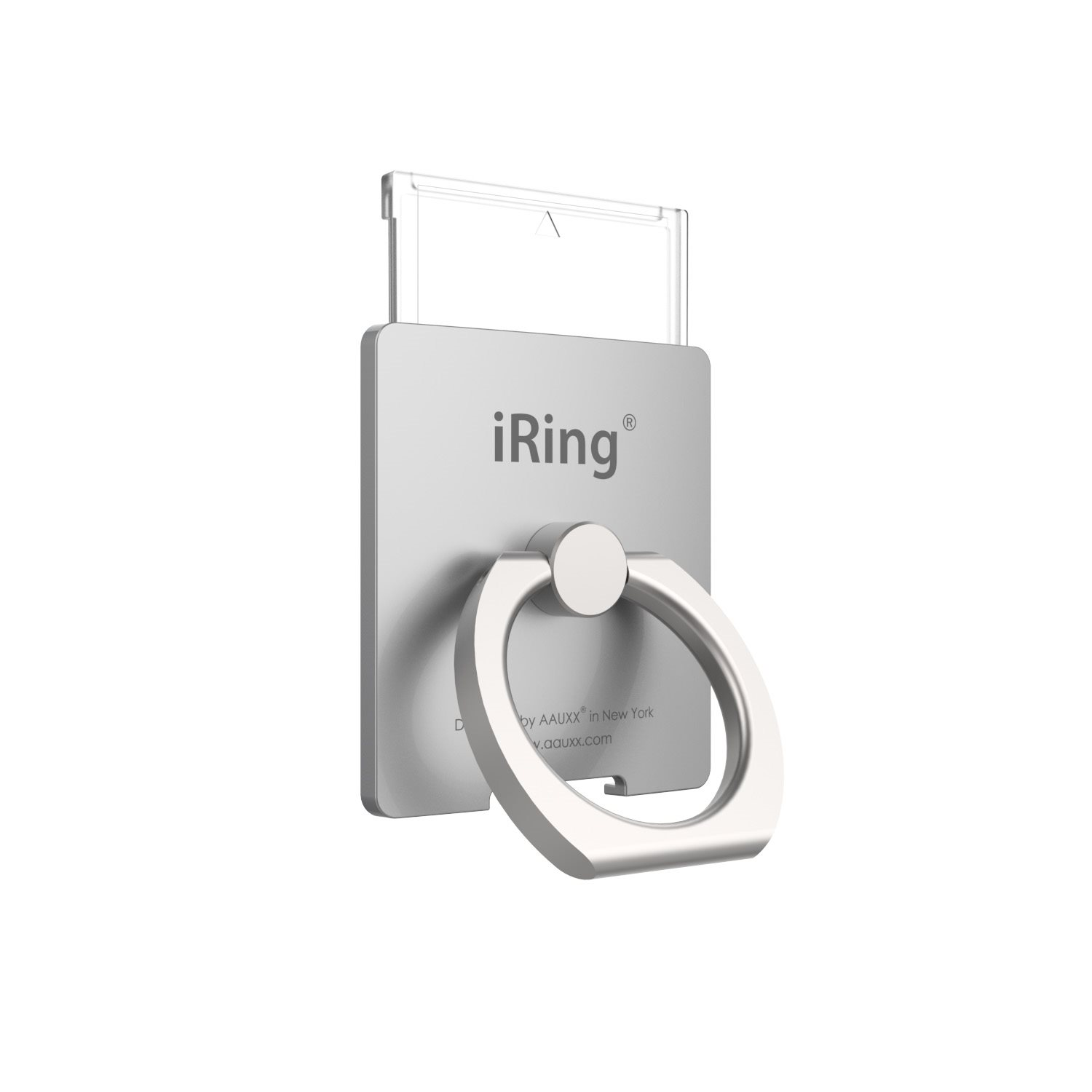 Silberner Telefonringhalter mit Ring. Der Halter ist quadratisch und trägt den Markennamen iRing.