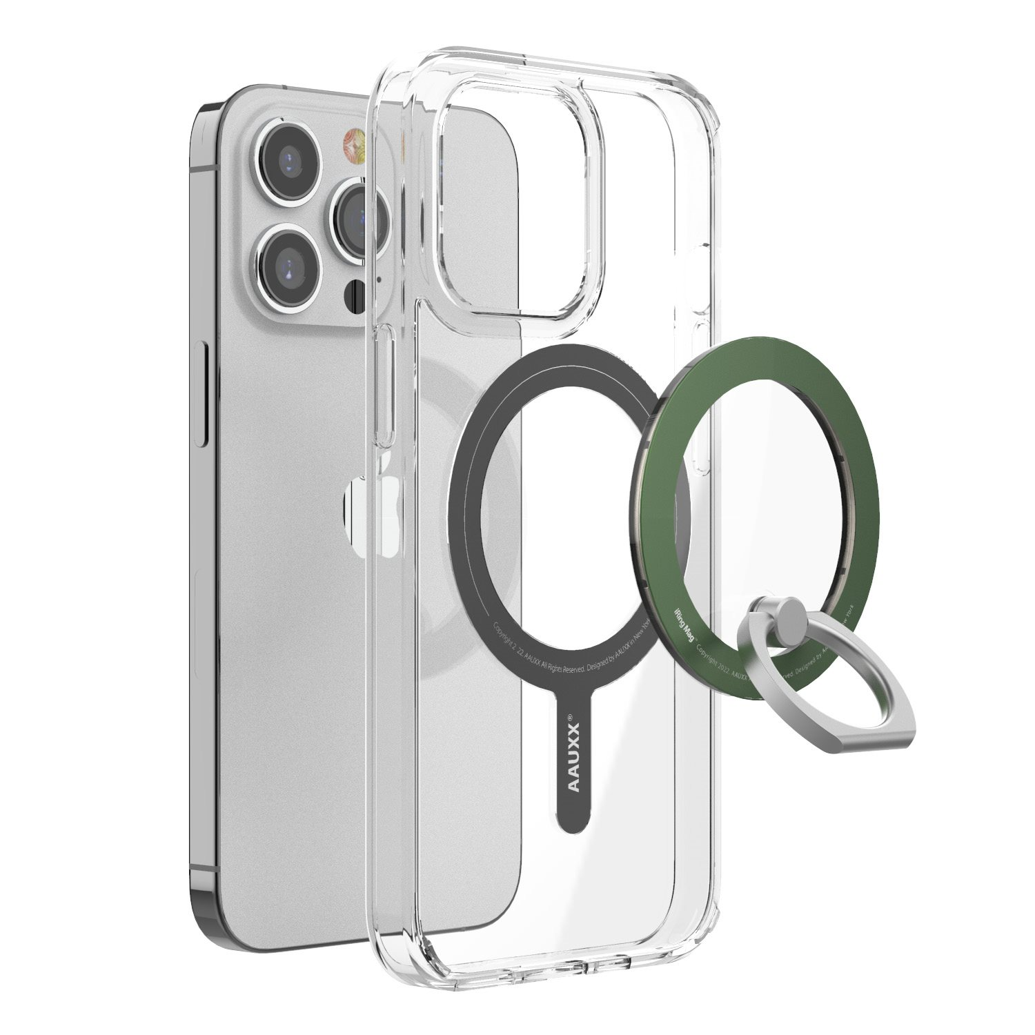 Transparente Handyhülle mit Ringhalter, ein Telefon ist sichtbar, ein grüner Ring ist befestigt.
