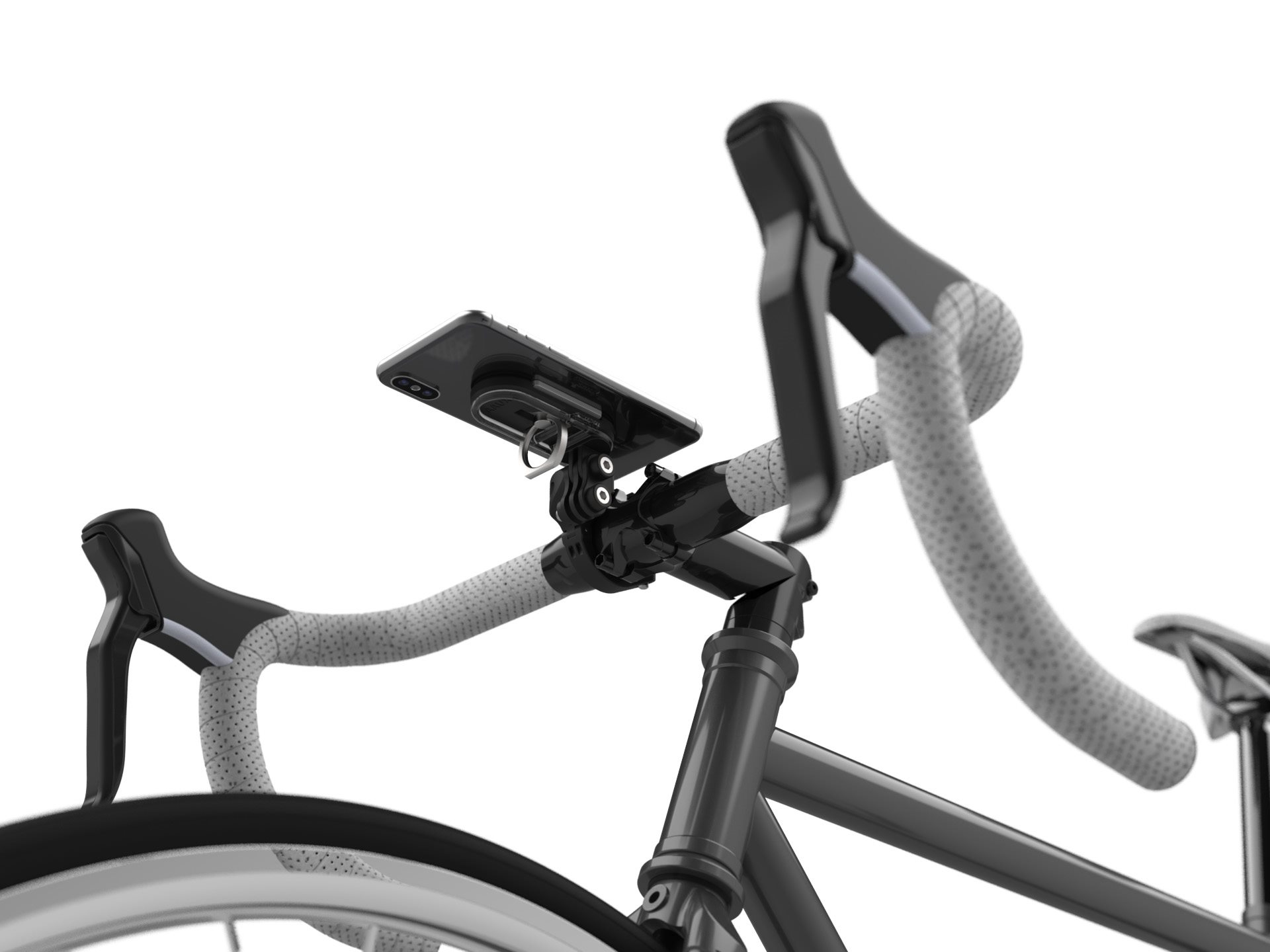 Fahrradlenker mit Telefonhalterung. Telefon mit angebrachtem Ringhalter.