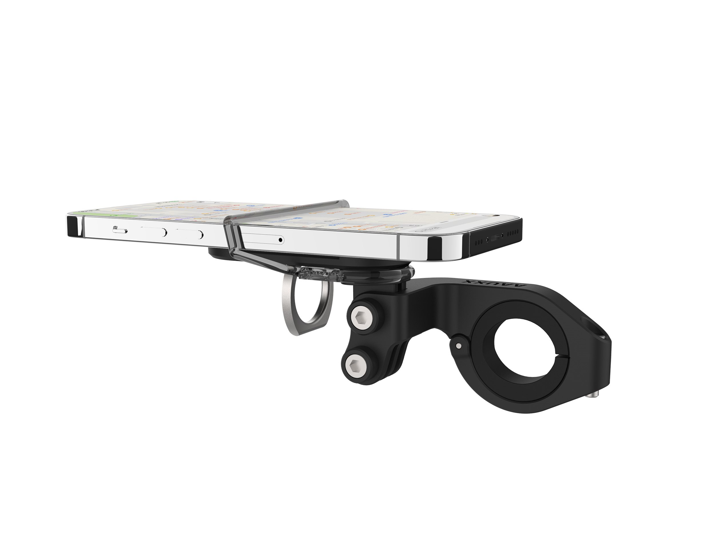 Ein schwarzer Telefonhalter für ein Fahrrad. Das Telefon ist horizontal am Halter befestigt.