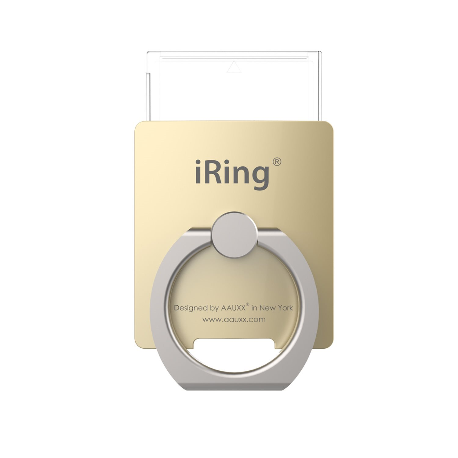 Goldfarbener iRing-Halter, silberner Ring und ein klarer Kunststoffteil. Weißer Hintergrund, Draufsicht.