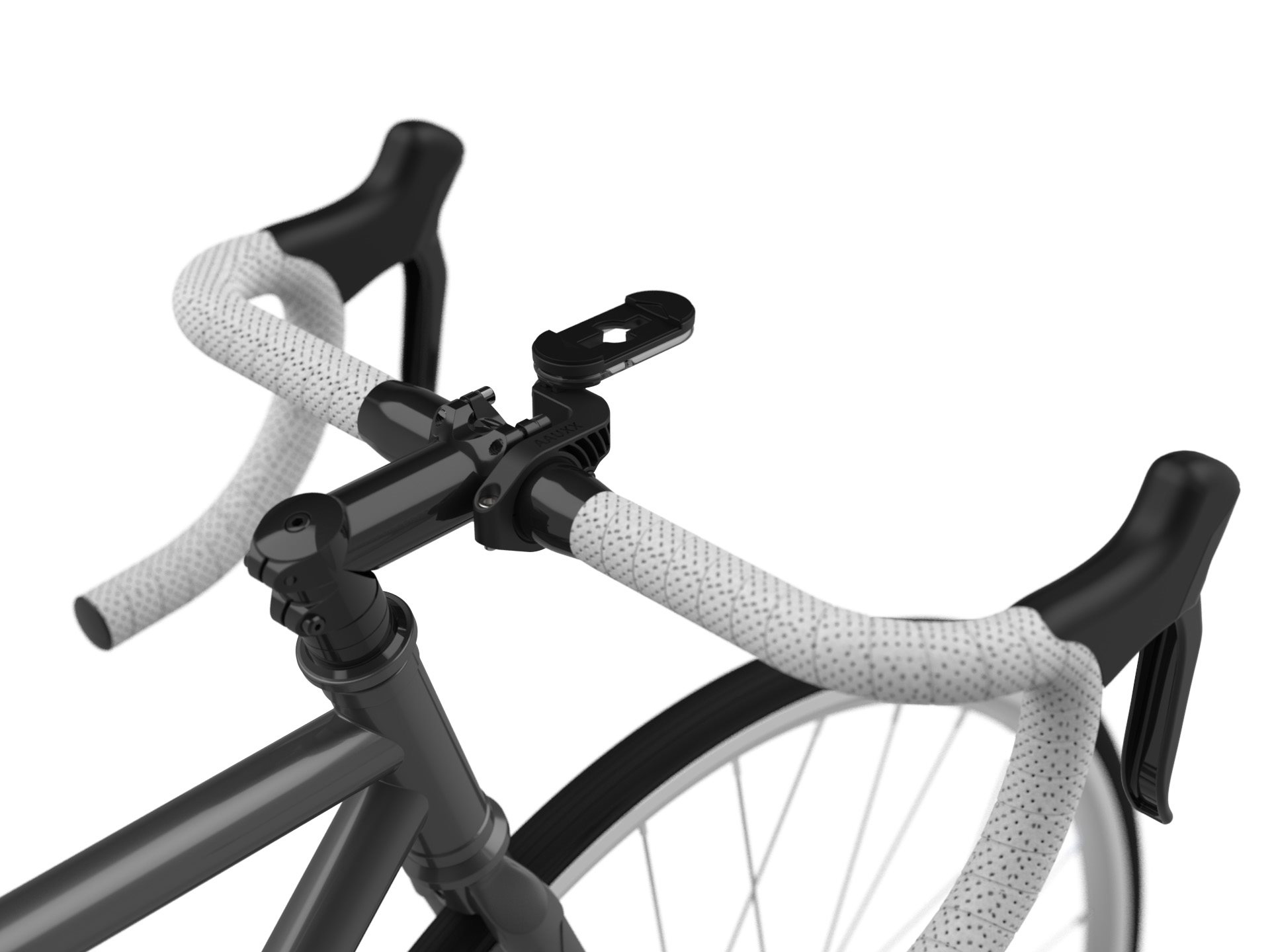 Ein Fahrradlenker mit weißem Lenkerband und einer Telefonhalterung.