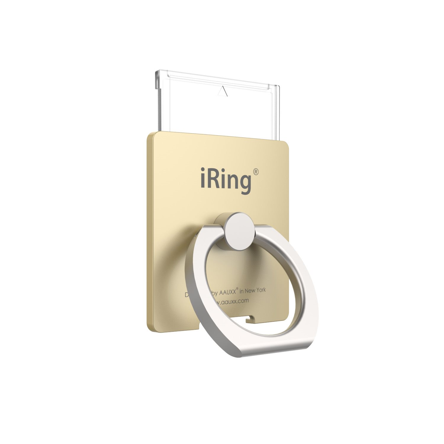 Goldener iRing-Telefonhalter mit weißem Ring. Der Halter ist an einer weißen Oberfläche befestigt.