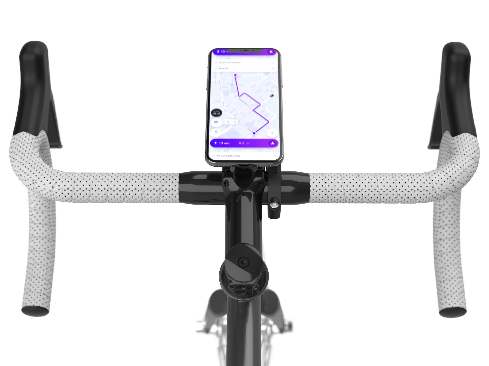Fahrradlenker mit einer Telefonhalterung, die ein Telefon mit einer Kartenanwendung hält. Weißer Hintergrund.