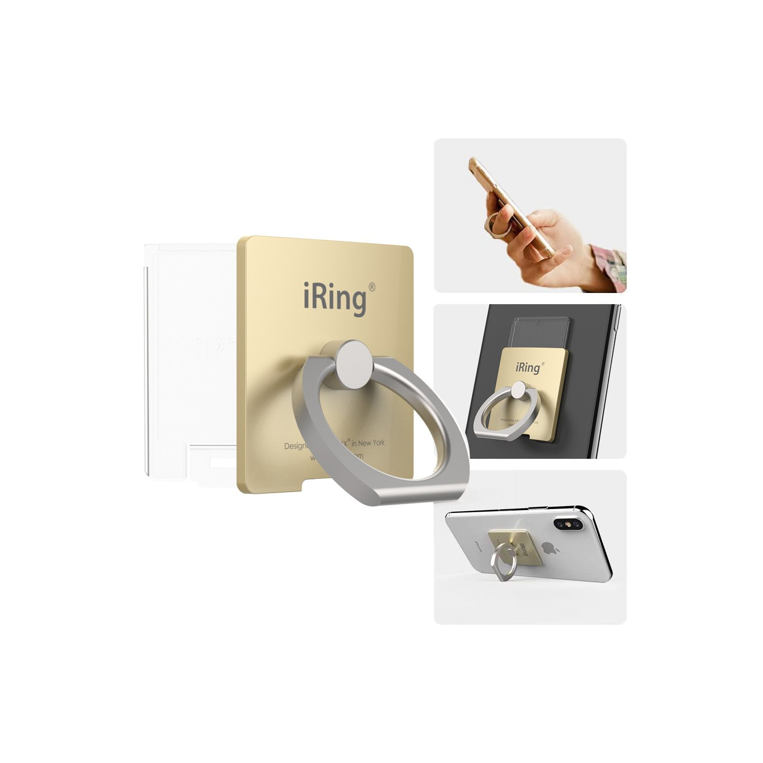 Ein goldener Telefonringhalter mit silbernem Ring, der an einem Telefon befestigt ist. Zusätzliche Bilder zeigen die Verwendung des Rings.
