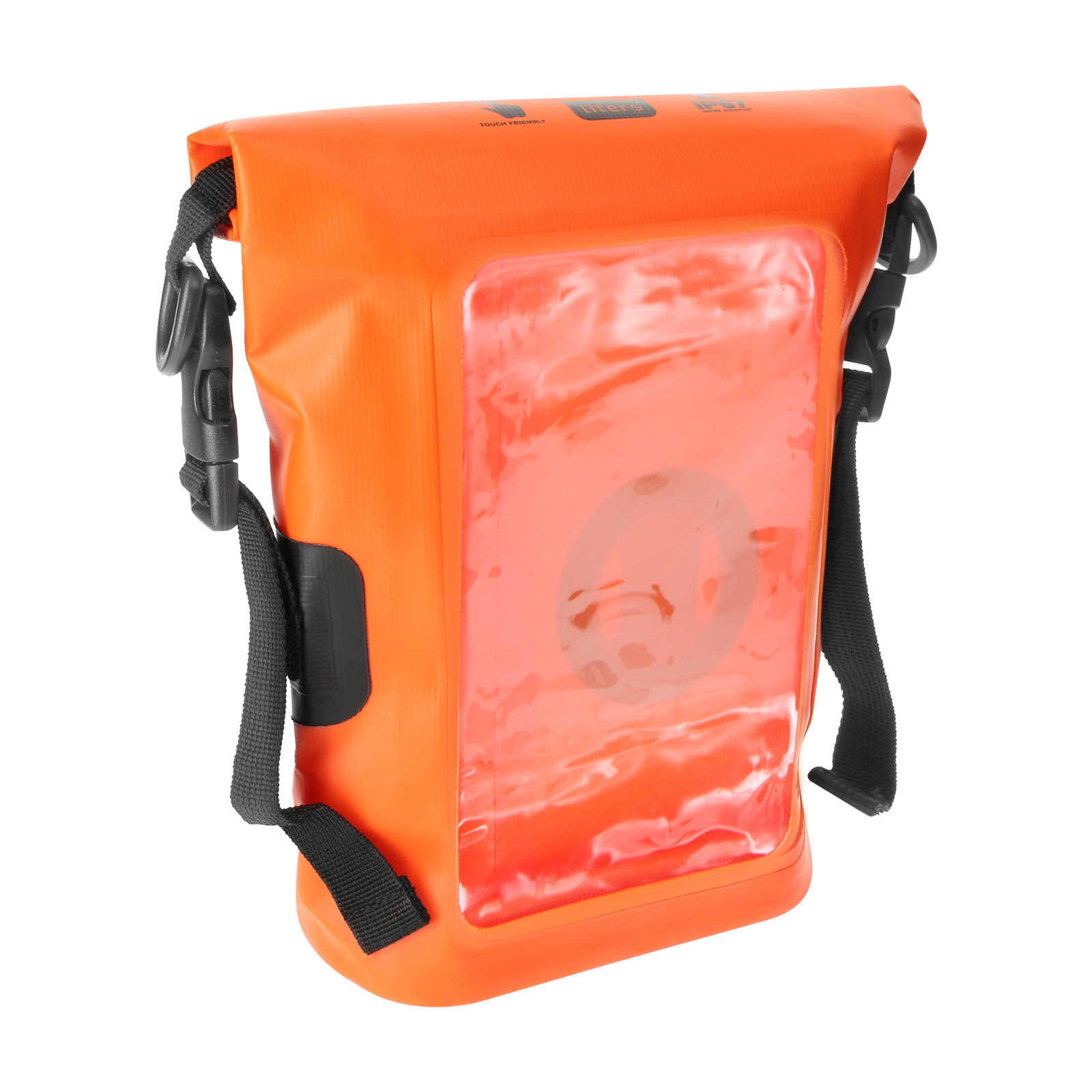 Orangene wasserdichte Tasche mit transparentem Fenster und schwarzen Trägern, mit Clip verschlossen.