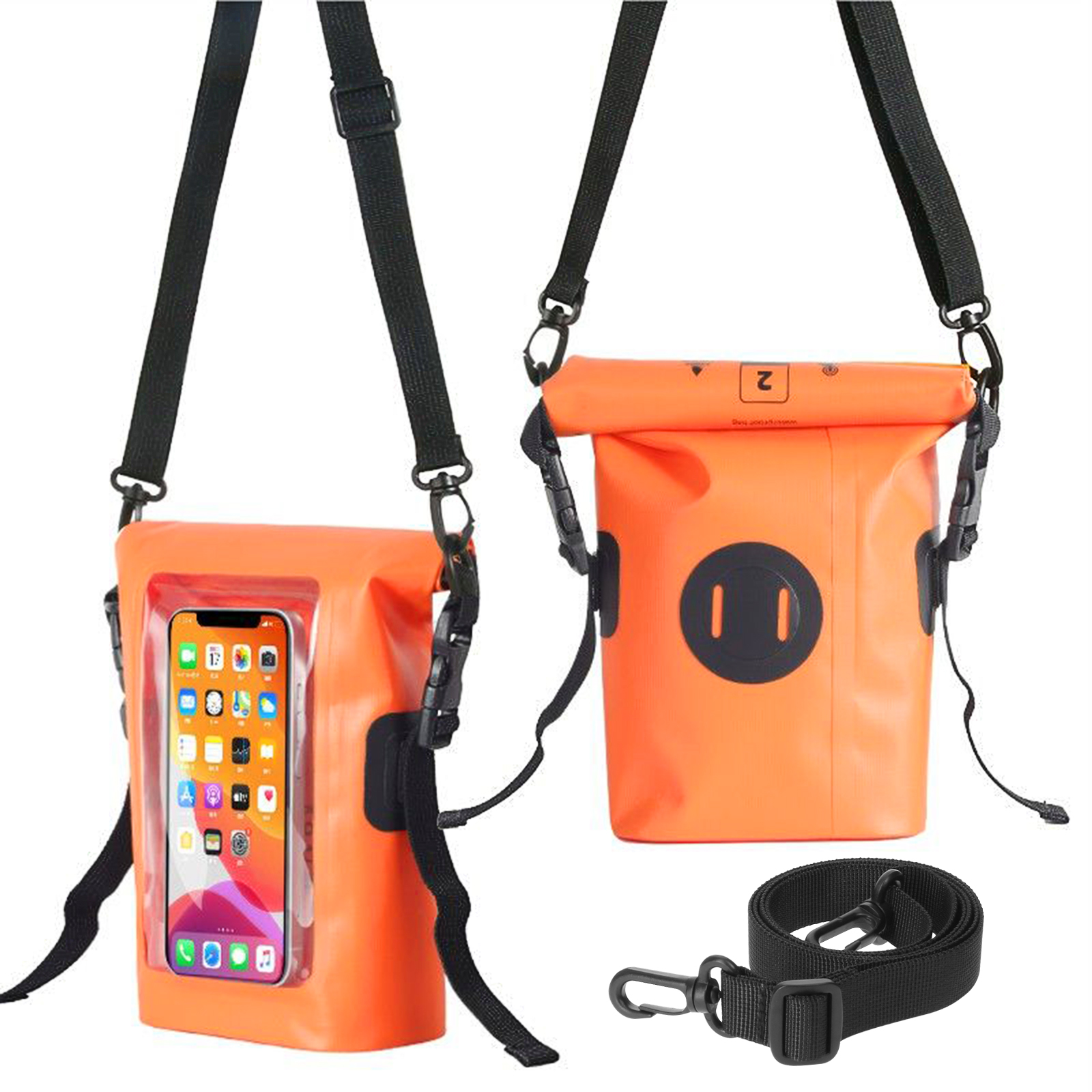 Zwei orangefarbene wasserdichte Taschen mit schwarzen Riemen, eine zeigt ein Telefon.