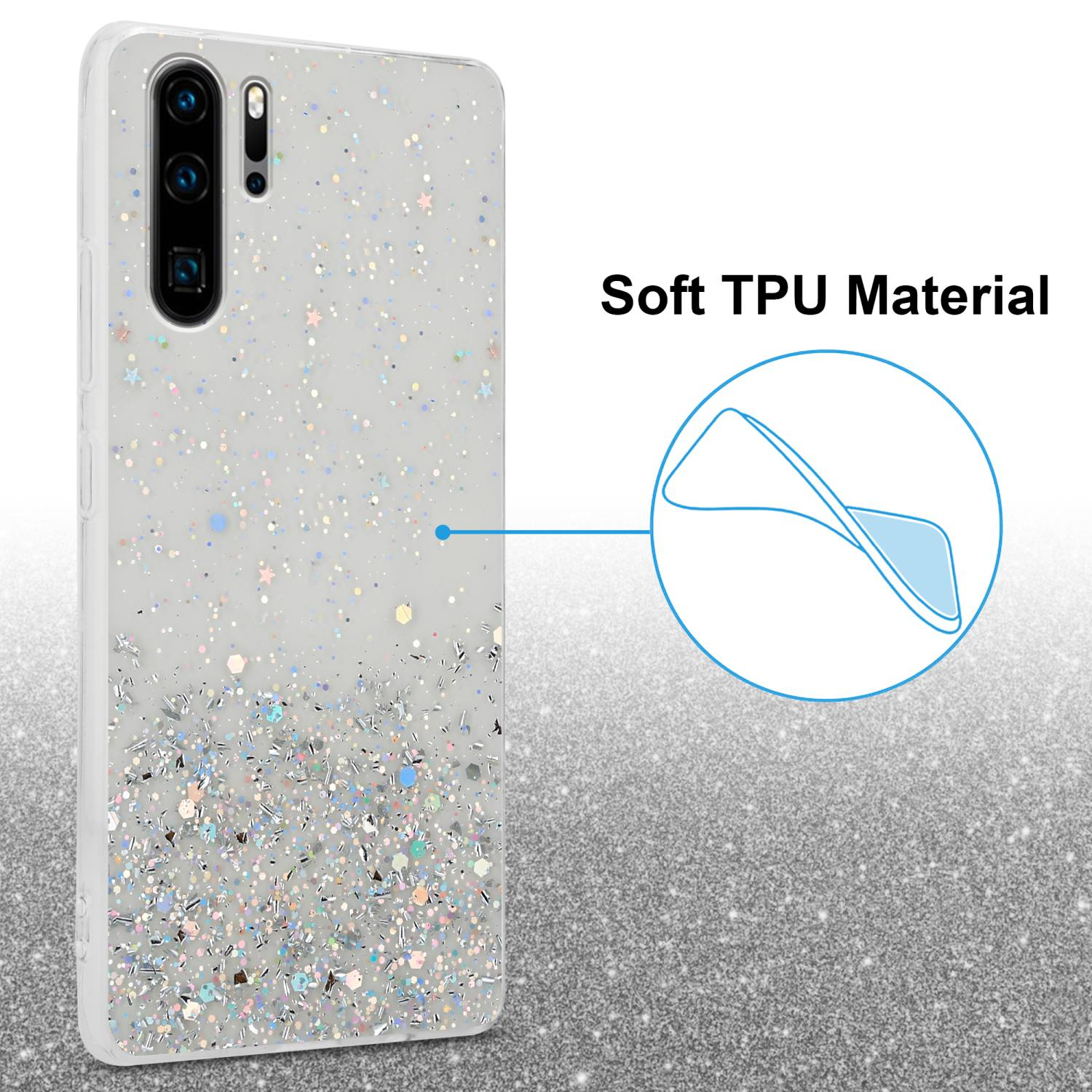 Handyhülle mit Glitzermuster. Weiß mit Glitzer. Weiches TPU-Material.