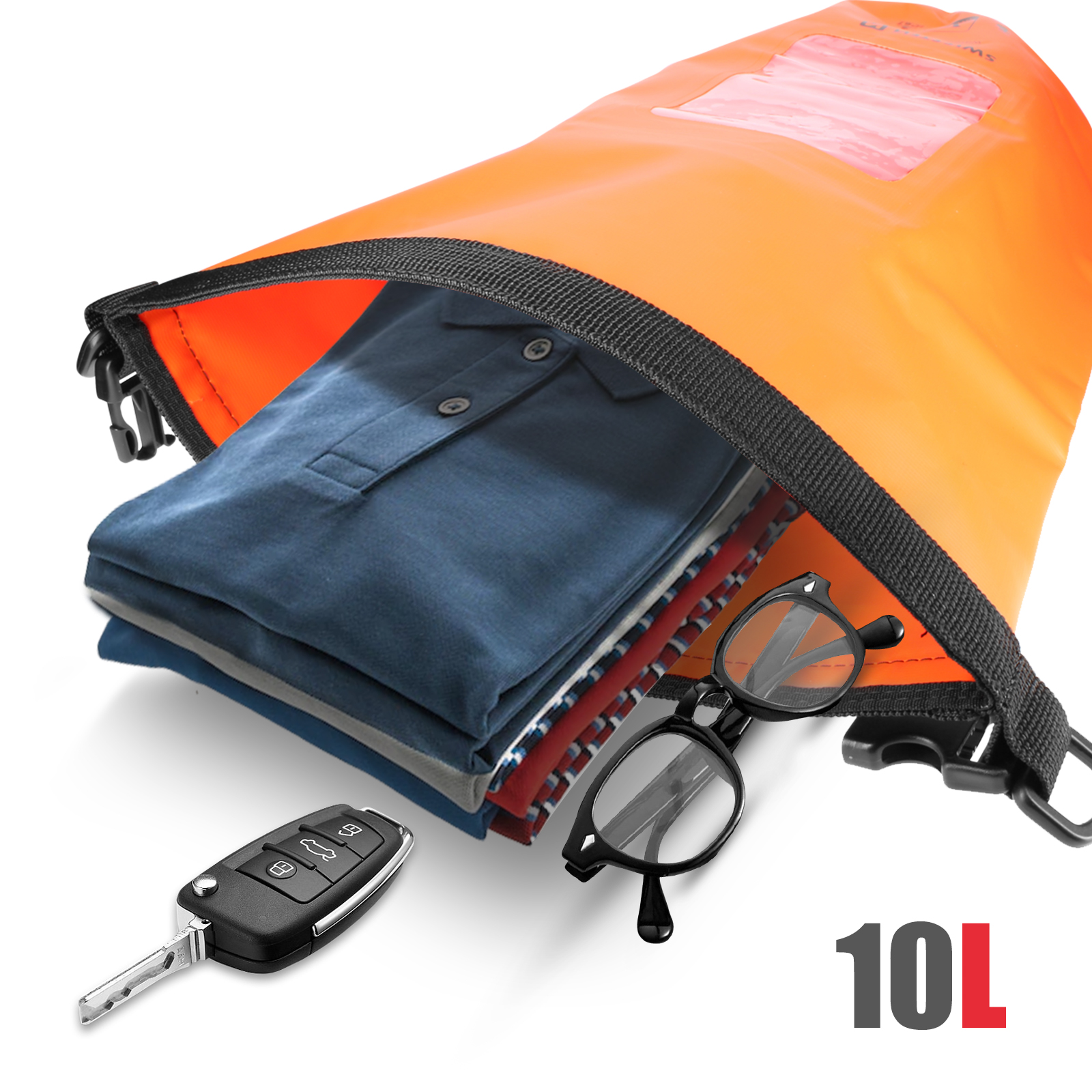 Oranger wasserdichter Beutel mit Kleidung, Brille und Autoschlüssel. 10L Kapazität angegeben.
