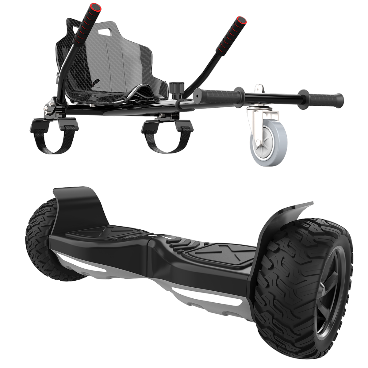 Schwarzes Hoverboard mit Sitz und Griffen und ein separates Hoverboard mit robusten Reifen.