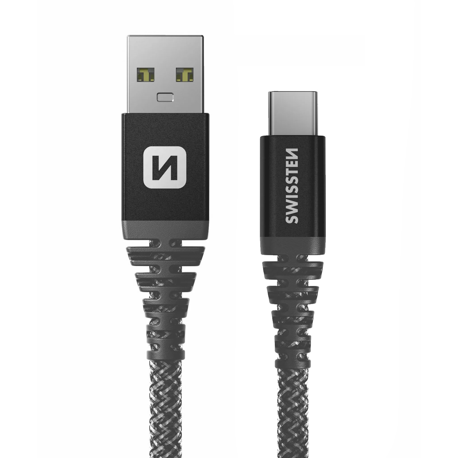 Cavo da USB a USB-C nero. Il cavo è nero con un motivo e il nome del marchio.