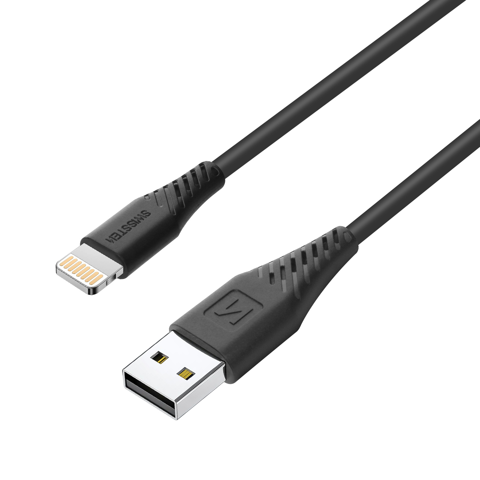 Schwarzes USB-Kabel mit einem USB- und einem Lightning-Anschluss.