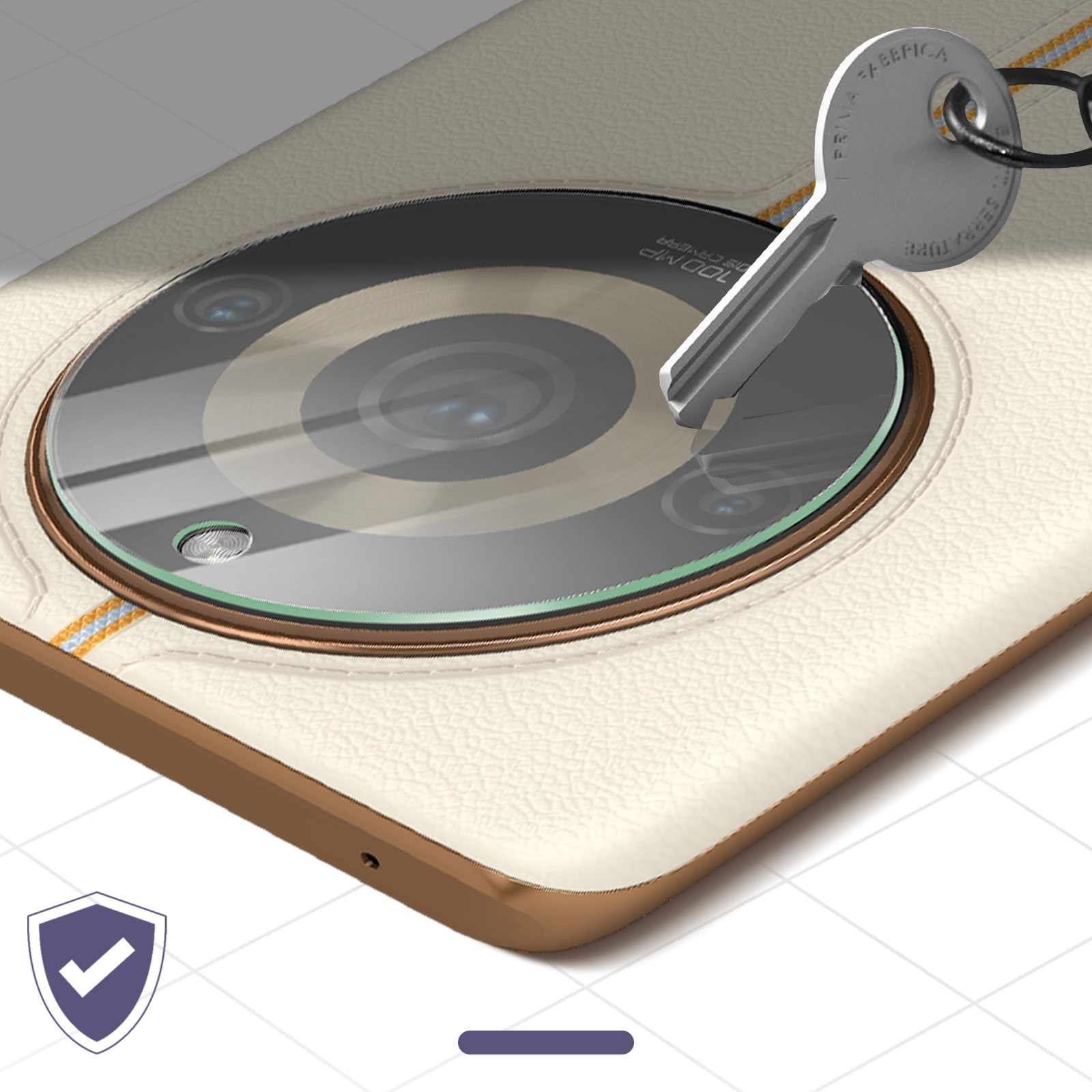 Un primo piano del modulo fotocamera di un telefono con una chiave. Il modulo è protetto da una copertura di vetro.