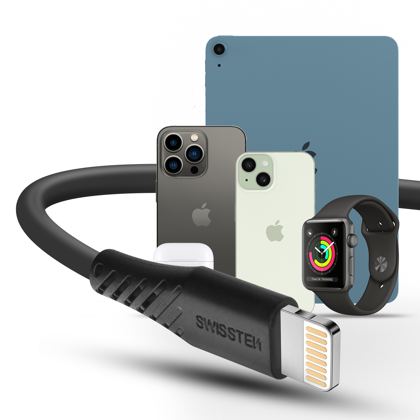 Verschiedene Apple-Produkte mit Ladekabel: Telefone, Uhr und Tablet.