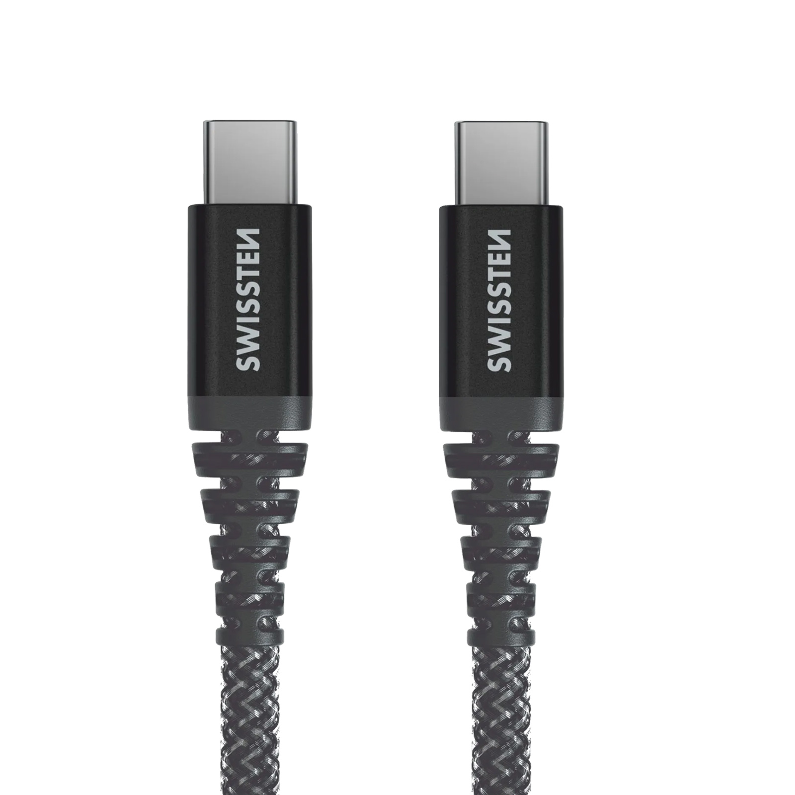 Due cavi USB-C neri con il logo SWISSTEN su sfondo bianco.