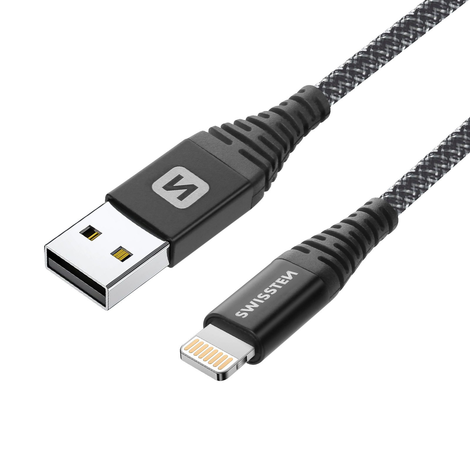 Schwarzes und graues USB-C-auf-Lightning-Kabel auf weißem Hintergrund.