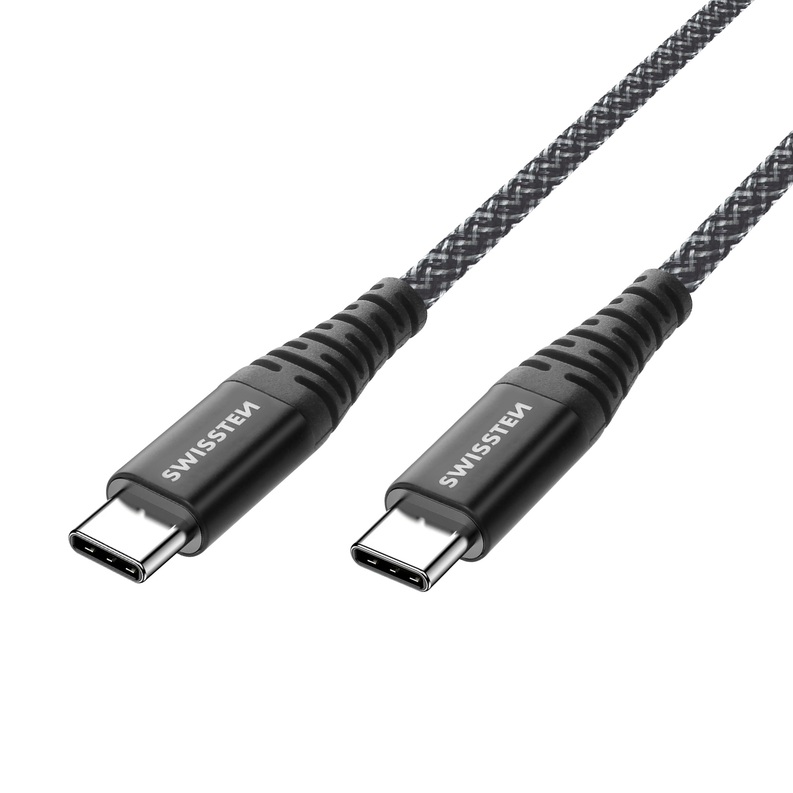 Cavo USB-C intrecciato nero e grigio. Due connettori con testo SWISSTEM, sfondo bianco.