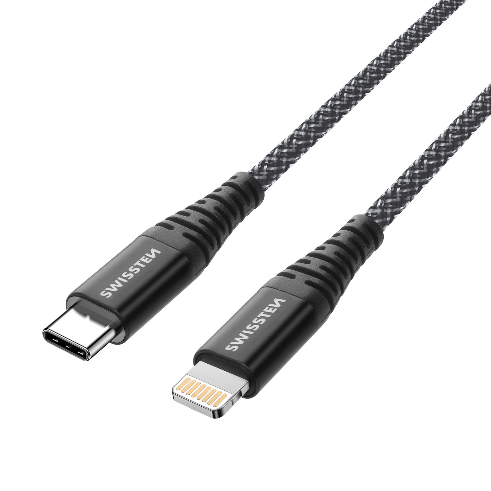 Schwarzes USB-C-zu-Lightning-Kabel, mit Anschlüssen an beiden Enden.