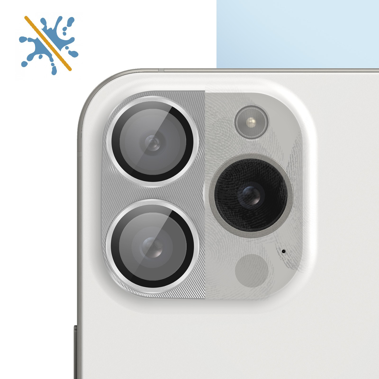Una protezione per lenti della fotocamera del telefono su un telefono bianco.