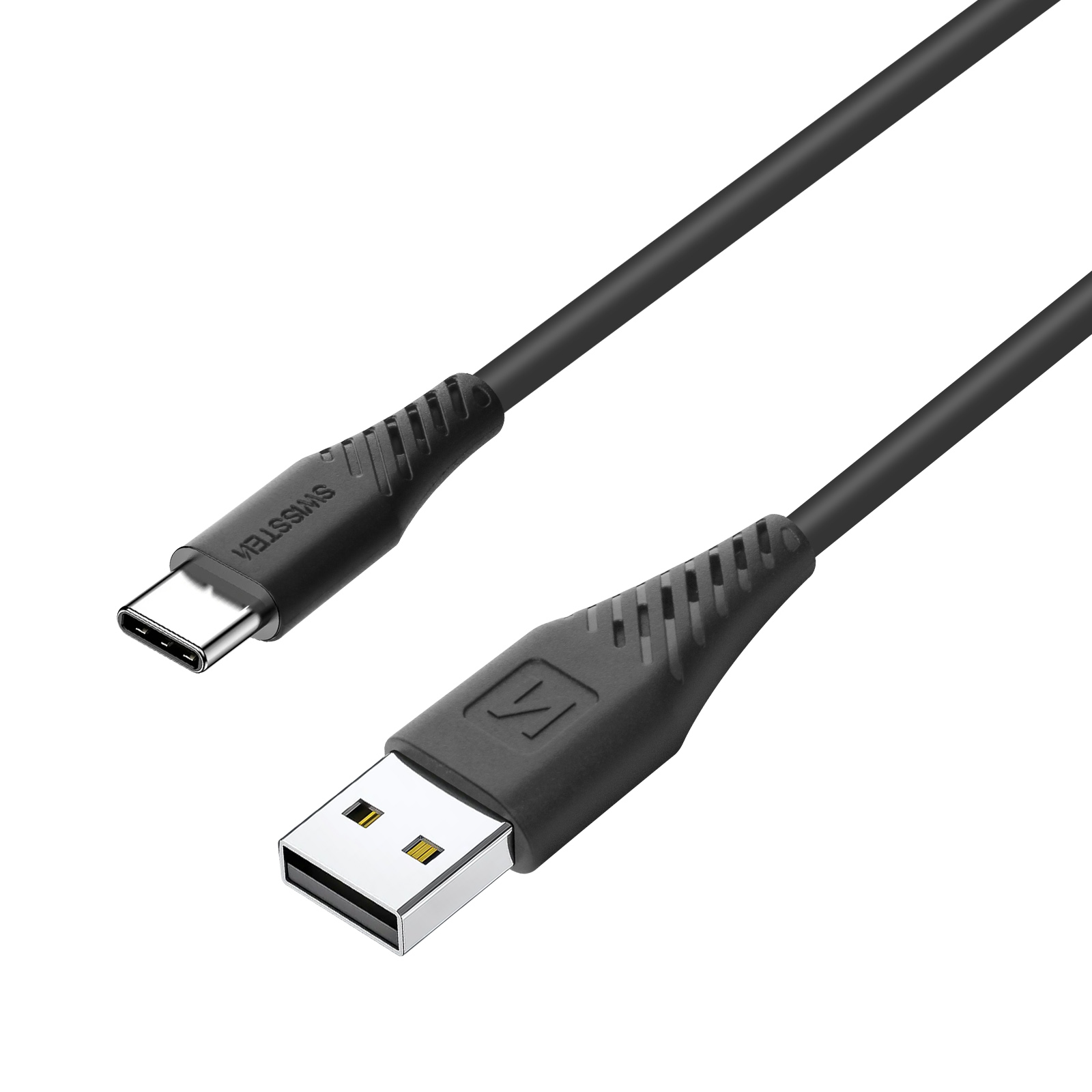 Schwarzes USB-C-Kabel mit USB-Anschluss und SwissTech-Markenanschluss.