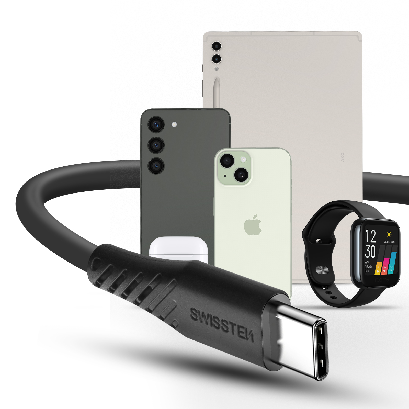Mehrere Geräte: ein Tablet, zwei Telefone, eine Smartwatch und ein Ladekabel.