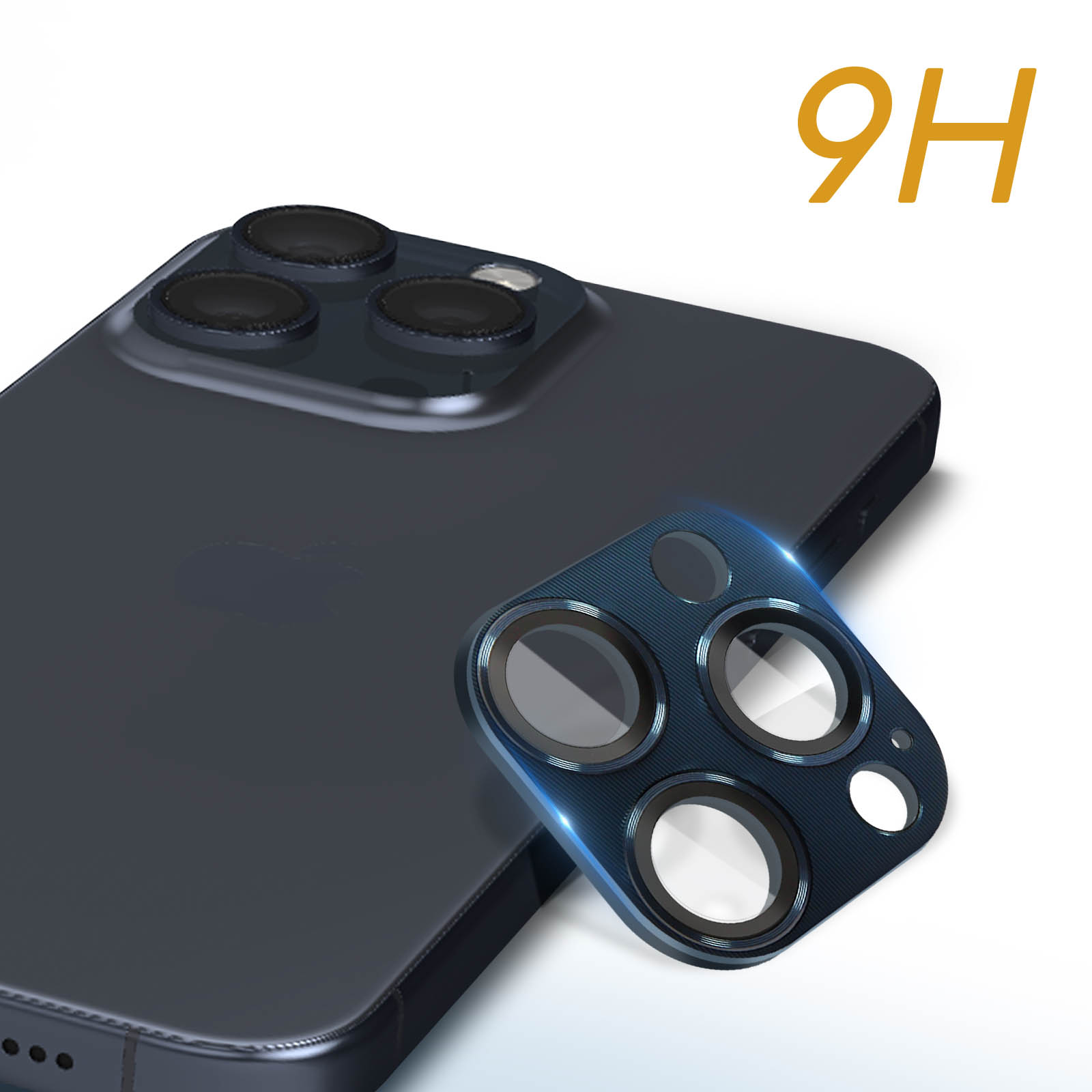 Telefono nero con protezione lente. Sfondo bianco, arancione