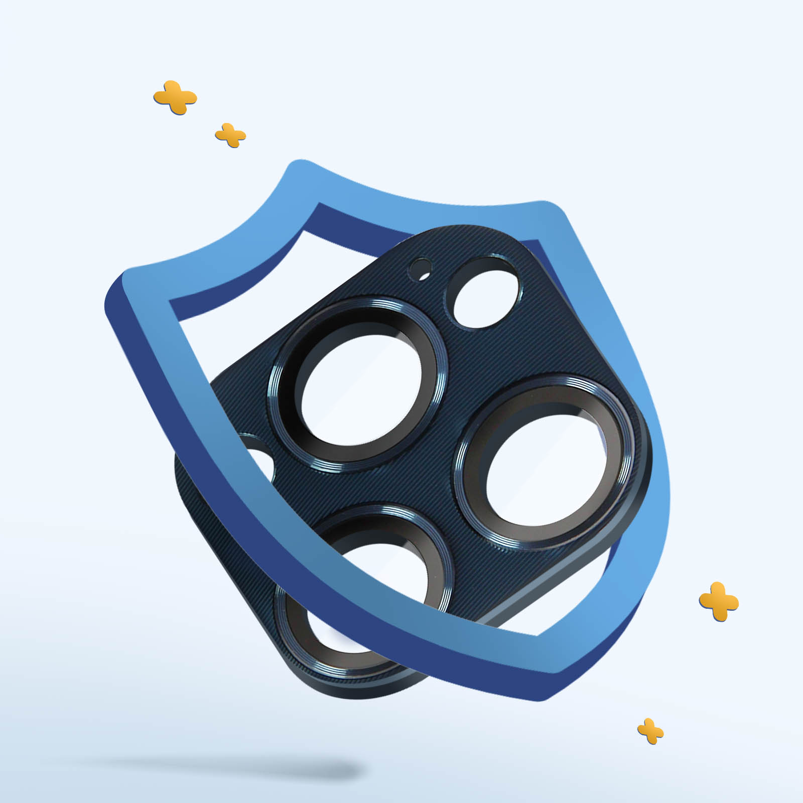 Copriobiettivo della fotocamera davanti a un telefono. Uno scudo blu circonda la copertura, con forme di stelle gialle.