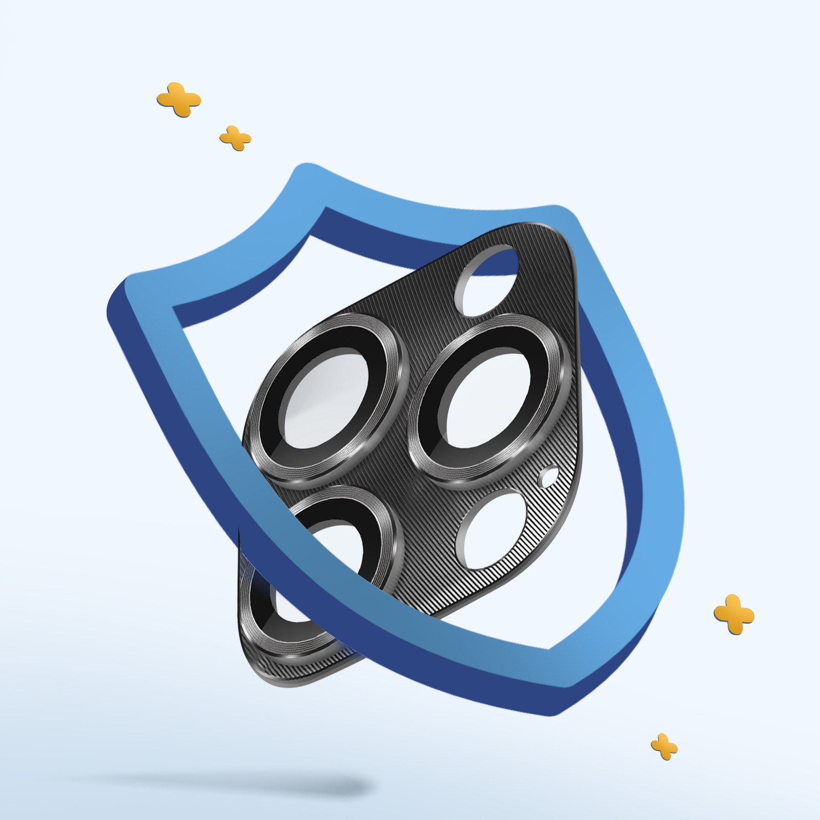 Protezione dell'obiettivo della fotocamera del telefono, nero con anelli argentati, circondato da uno scudo blu con stelle gialle.