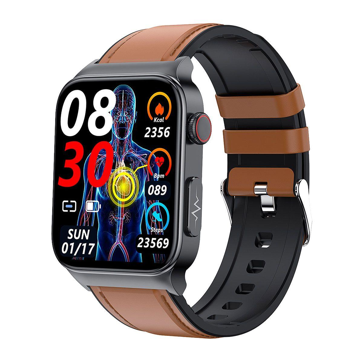 Smartwatch z brązowym paskiem, pokazujący dane zdrowotne i diagram ciała. Czarne tło.