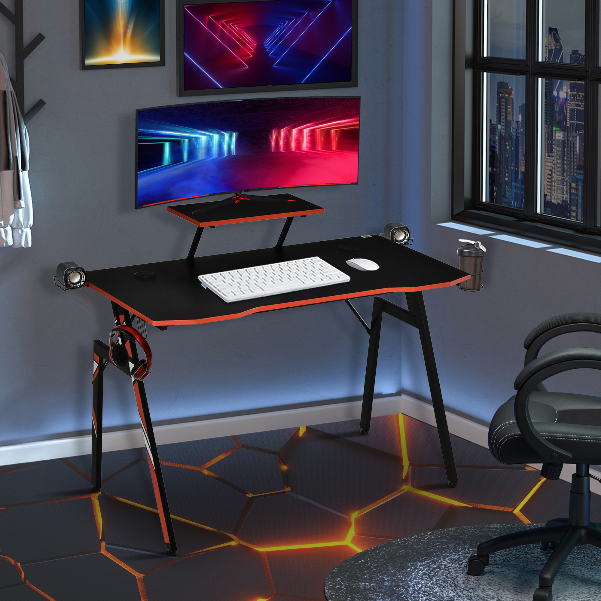 Mesa Gaming Desk, Escritorio Gamer Ergonómico Con Luces LED, Computadora O Consola De Videojuegos, Diseño Moderno, Mesa De PC Con Portavasos Y Gancho Para Auriculares, Patas De Metal, Roja