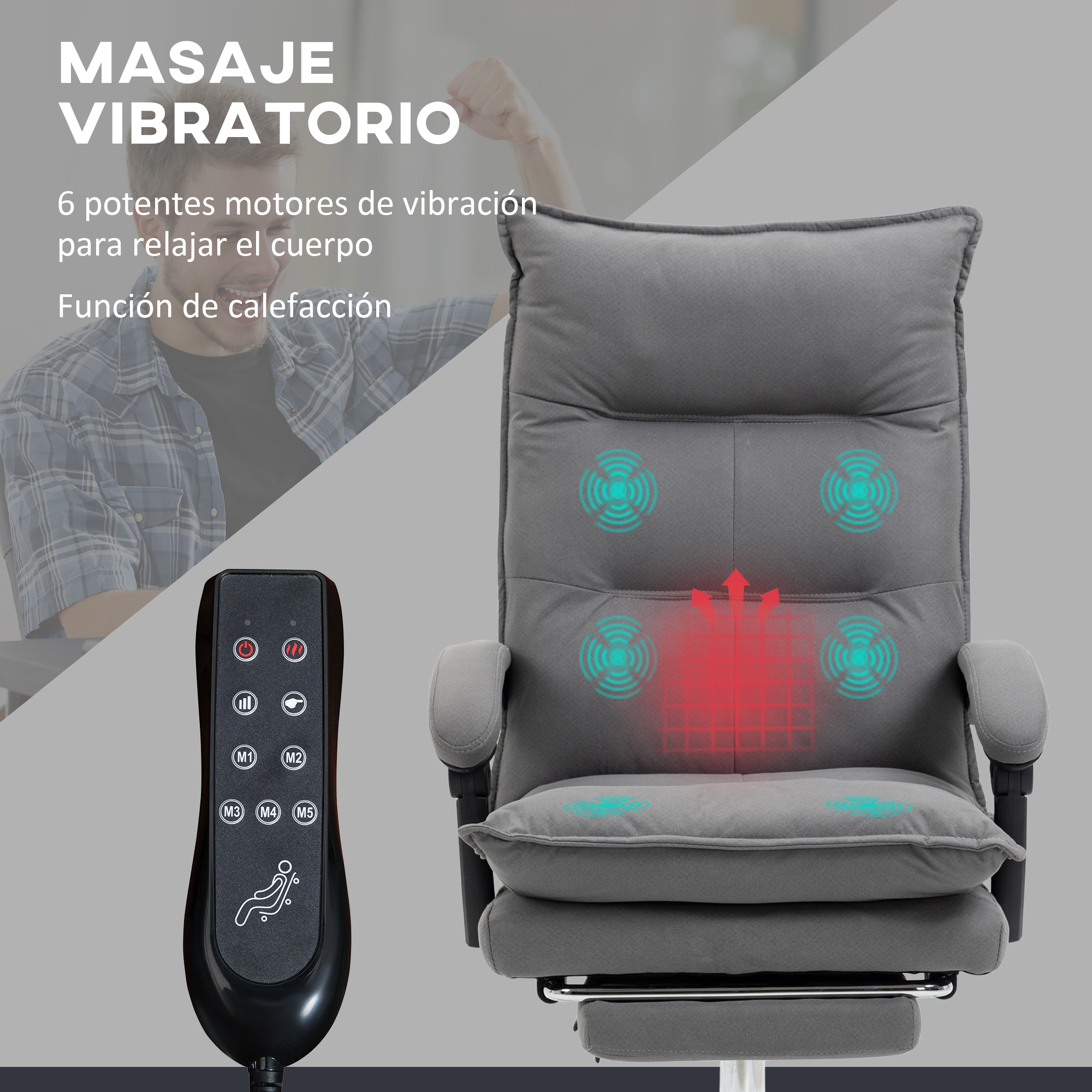 Silla de masaje gris con mando a distancia. La silla tiene reposacabezas y reposapiés.