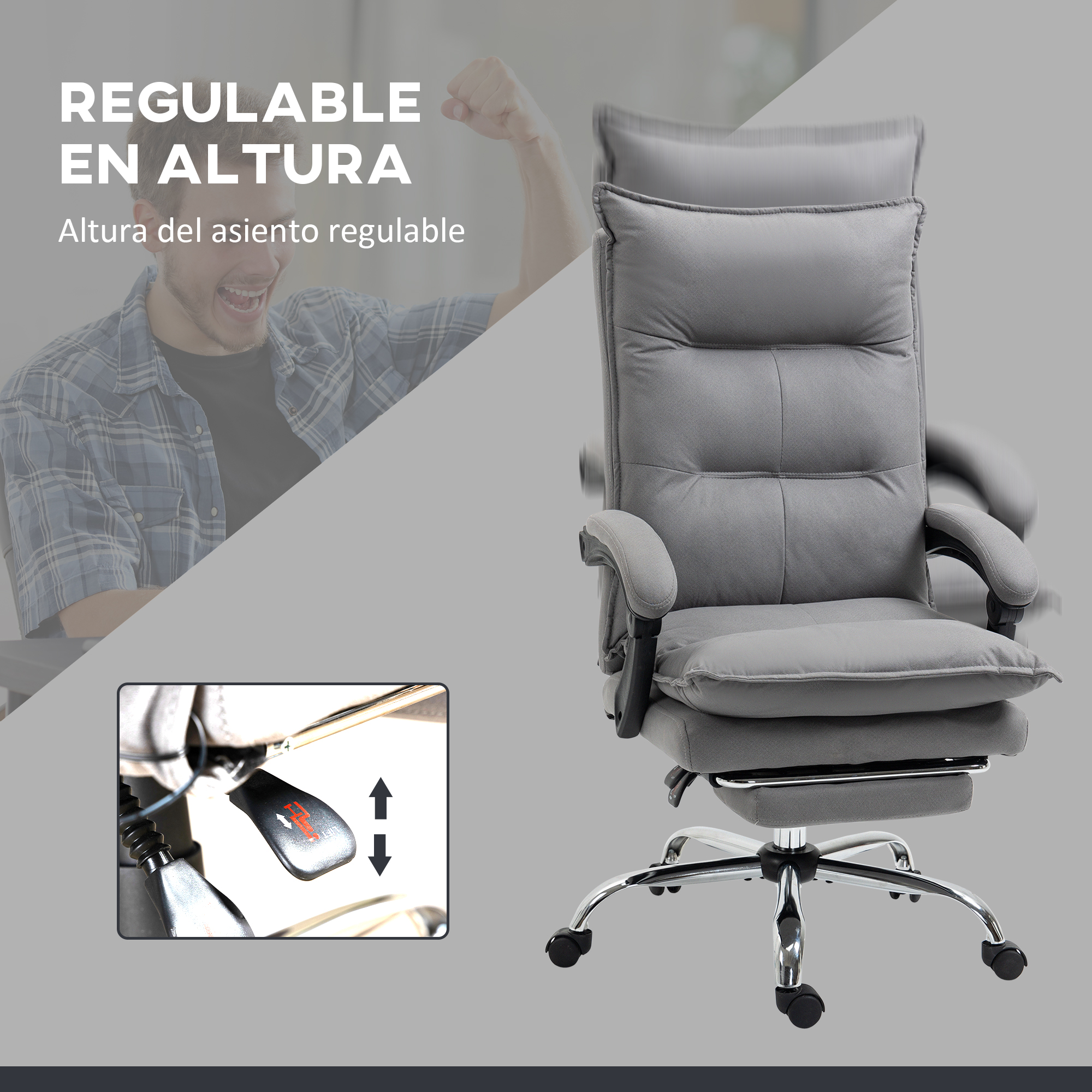 Silla de oficina gris con un hombre animando en el fondo. Incluye reposapiés y ajustes.