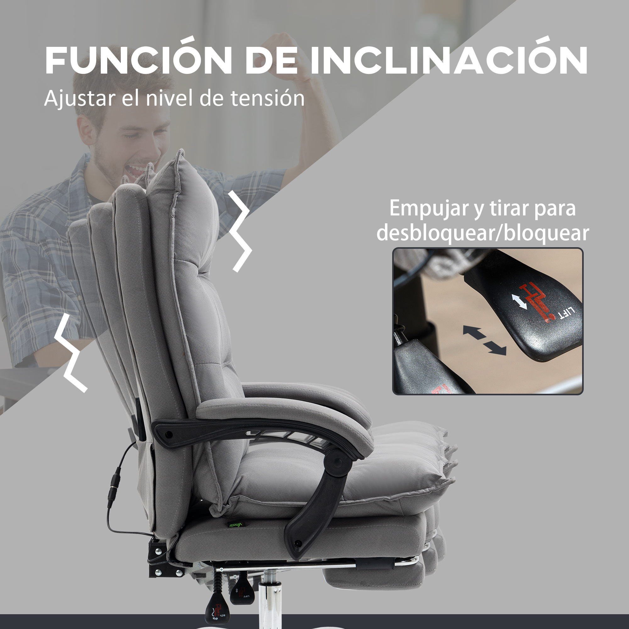 Silla de oficina gris con función de inclinación que se demuestra.