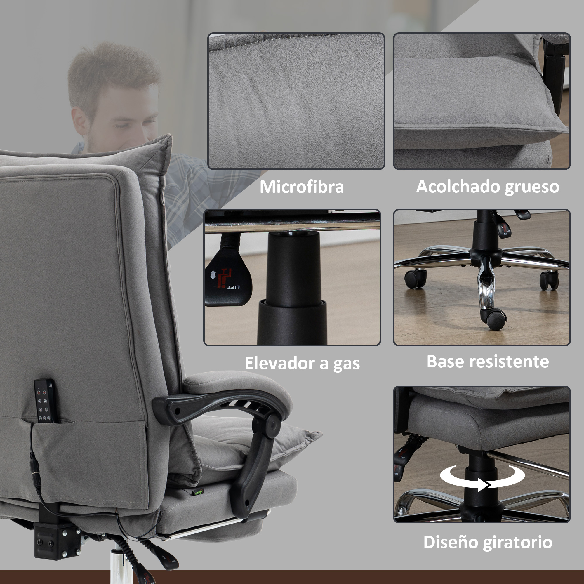 Una silla de oficina con diagramas detallados que muestran microfibra, acolchado, elevador de gas y base giratoria.