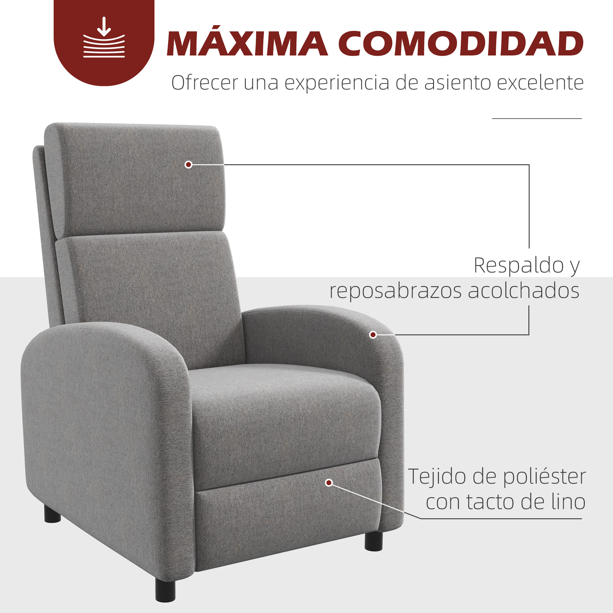 Una silla reclinable gris con etiquetas de texto que señalan el respaldo, los reposabrazos y la tela. La silla tiene patas negras.