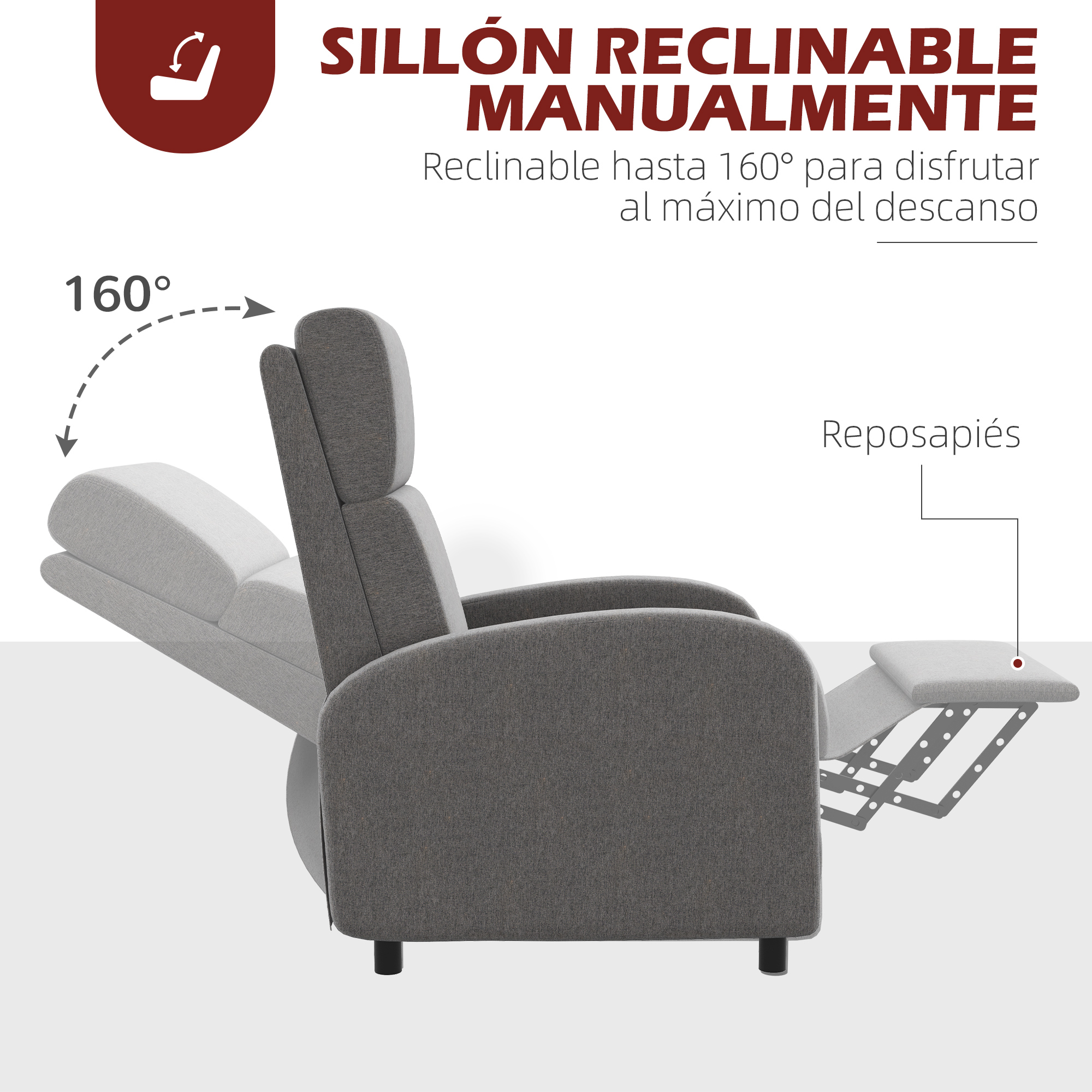 Una silla reclinable gris. La silla está reclinada, con el reposapiés levantado.