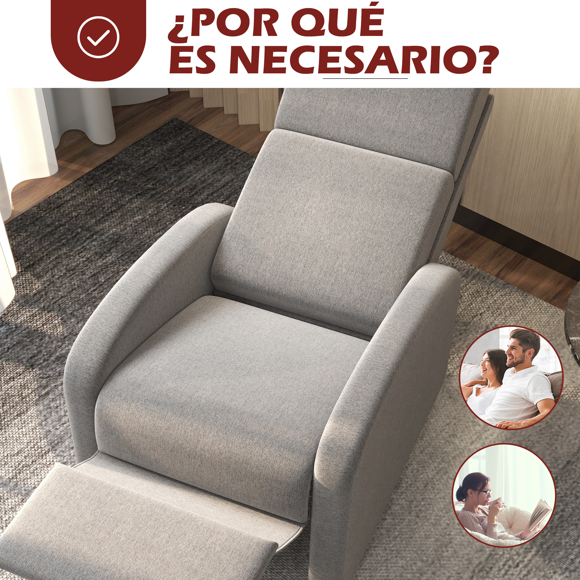 Sillón reclinable gris con una persona sentada en él. Hay una pareja en el fondo.
