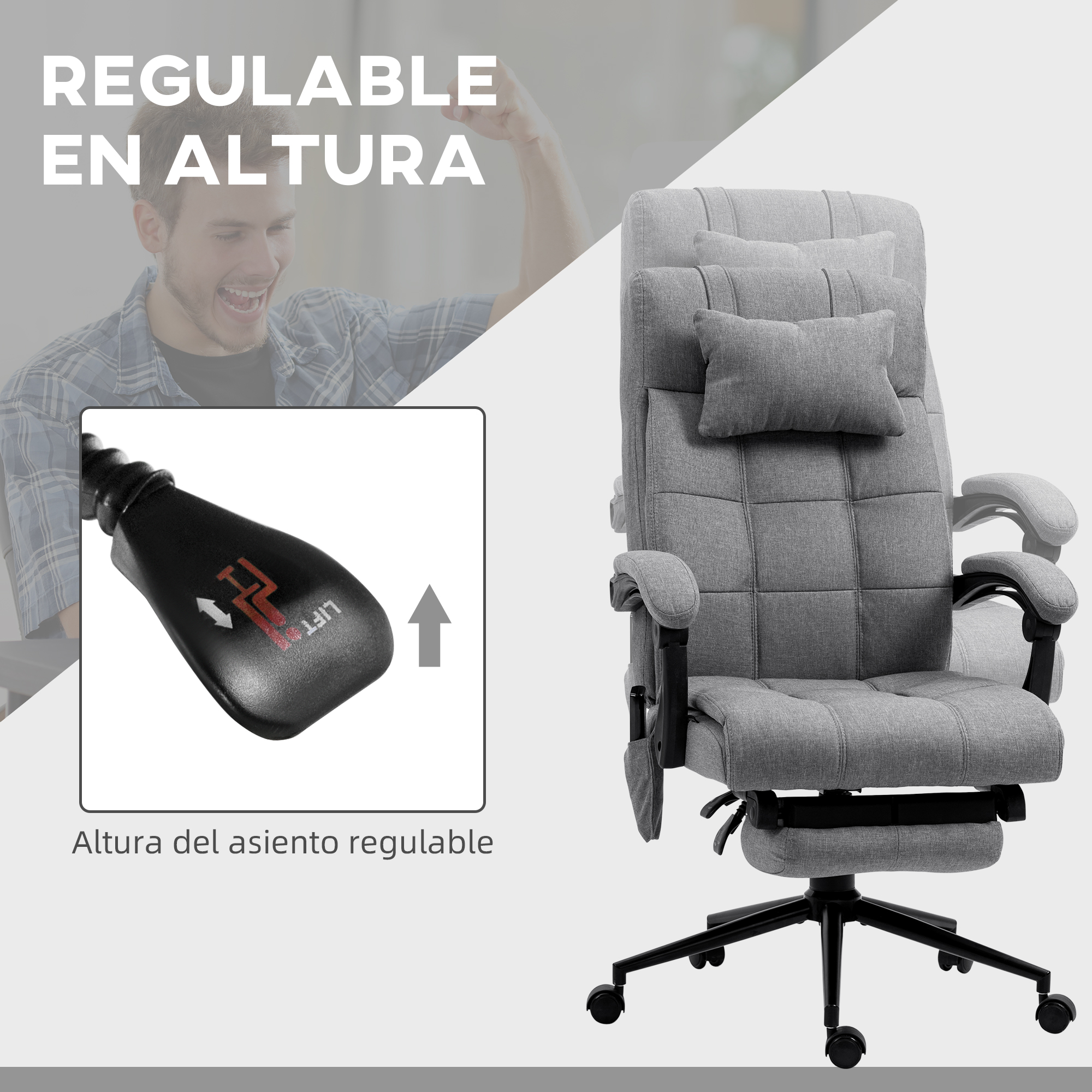 Una silla de oficina gris con almohada y un primer plano de la palanca de ajuste de altura.
