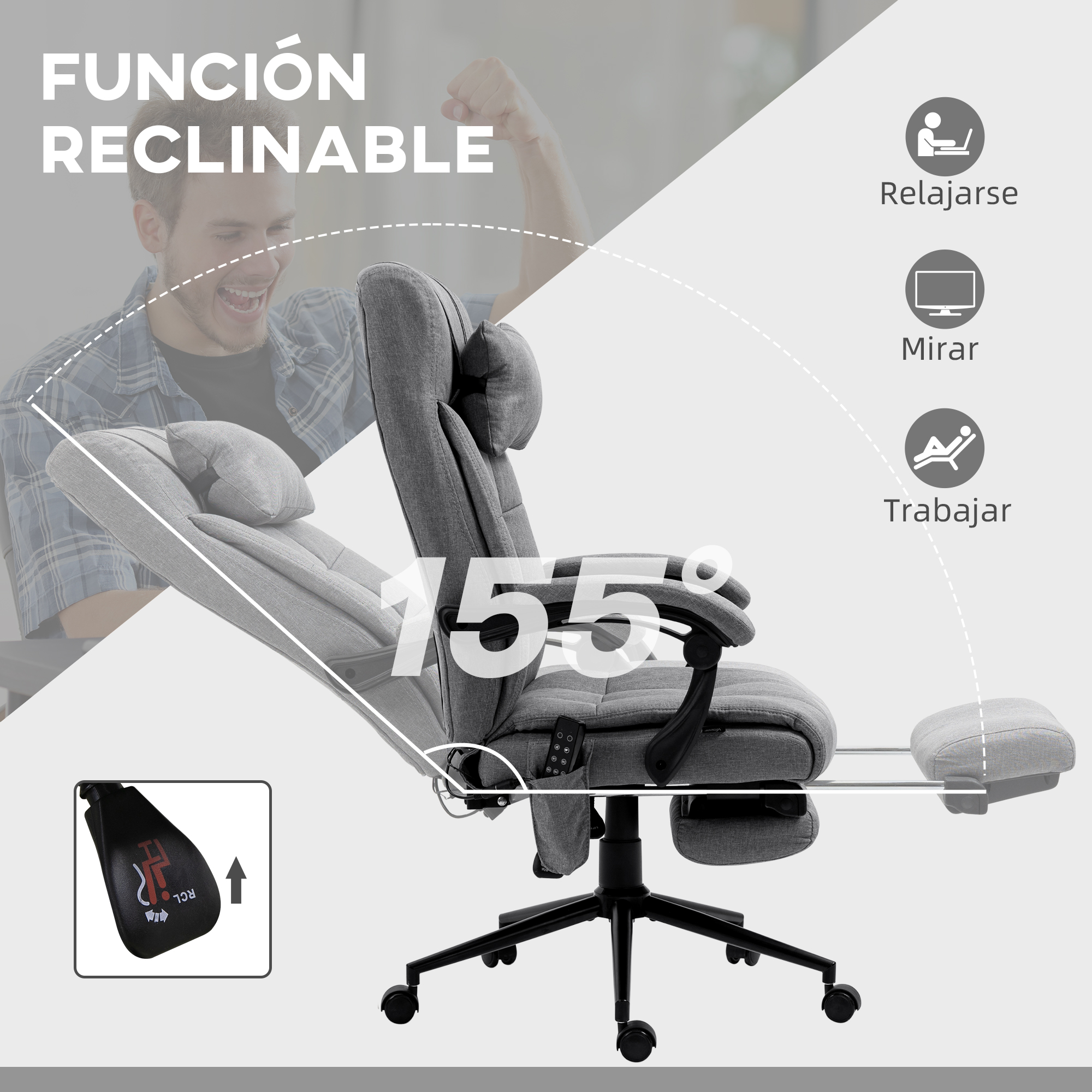 Una silla reclinable gris con reposapiés y una persona en el fondo.