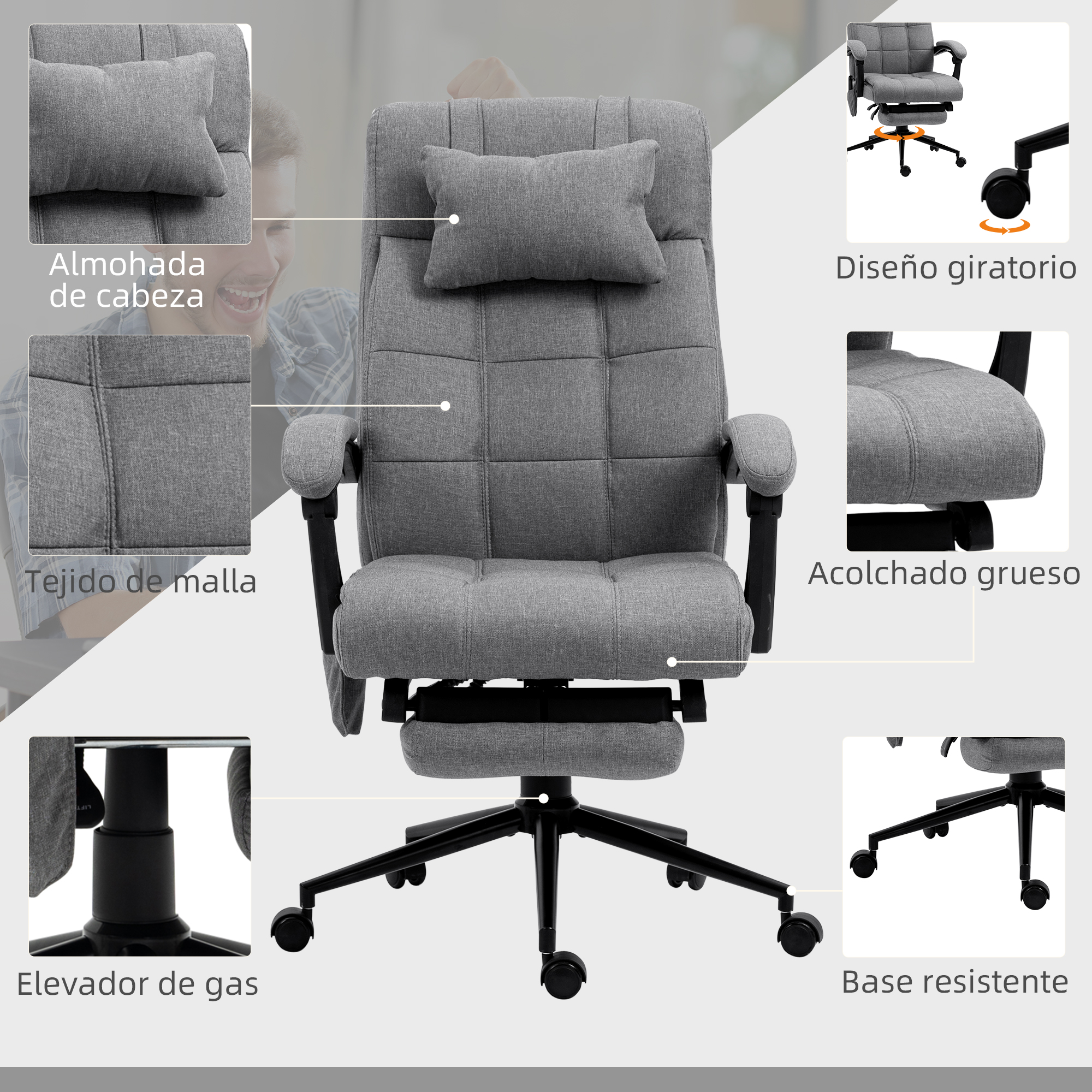 Una silla de oficina gris con diferentes características marcadas: reposacabezas, tejido de malla, elevador de gas, diseño giratorio y base resistente.