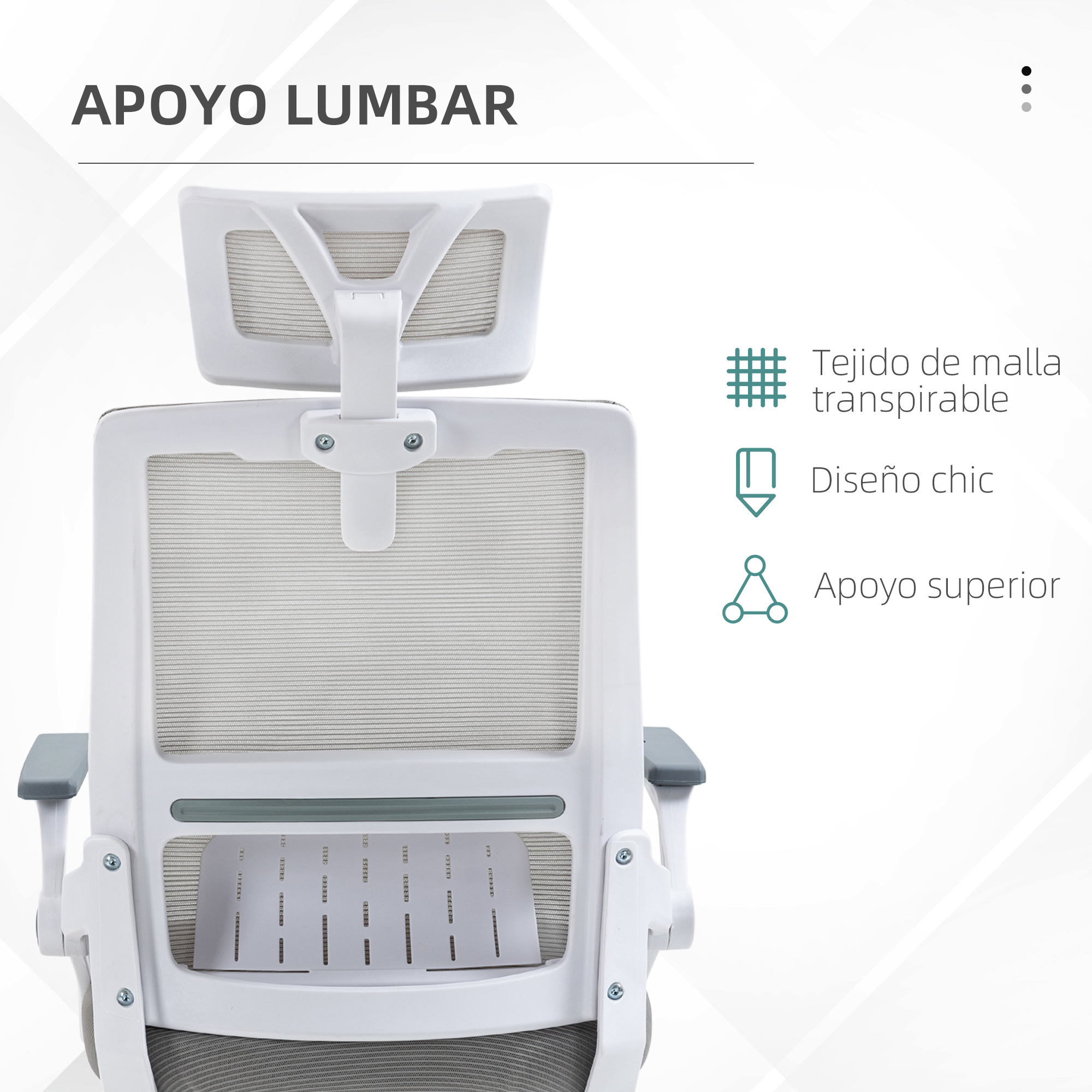 Silla de oficina ergonómica blanca y gris. Cuenta con respaldo de malla, soporte lumbar y reposabrazos grises.